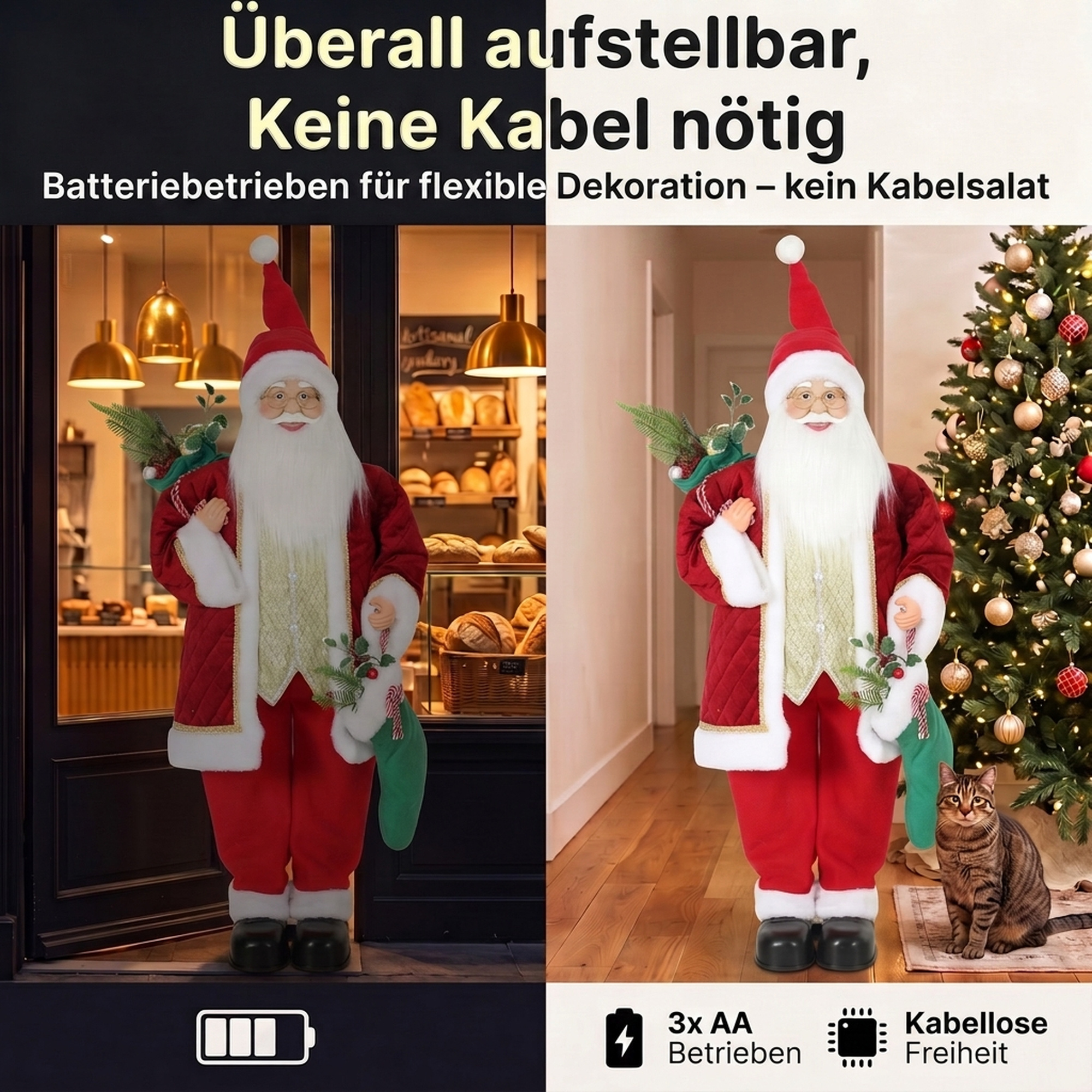 120 cm singender & tanzender Weihnachtsmann, stehende animierte Weihnachtsfigur mit Strumpf, Sack, per Sound/Berührung aktiviert