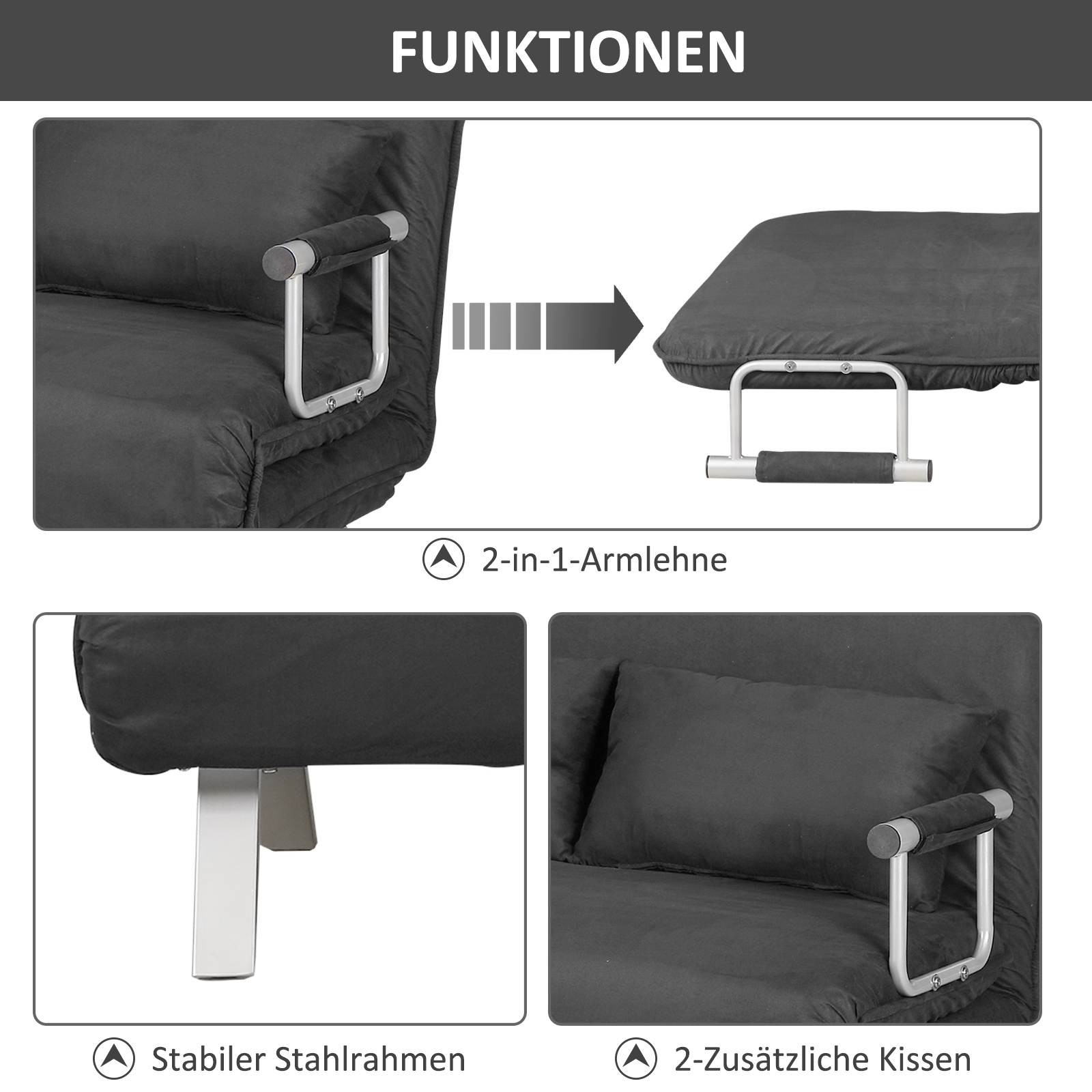 3 in 1 Schlafsofa 185x105cm Schlafcouch mit 5-stufig Verstellbarer Rückenlehne, Wurfkissen, 2 Sitzer Sofa mit Schlaffunktion, Samtoptik, Chaiselounge für Wohnzimmer, Schlafzimmer, Grau