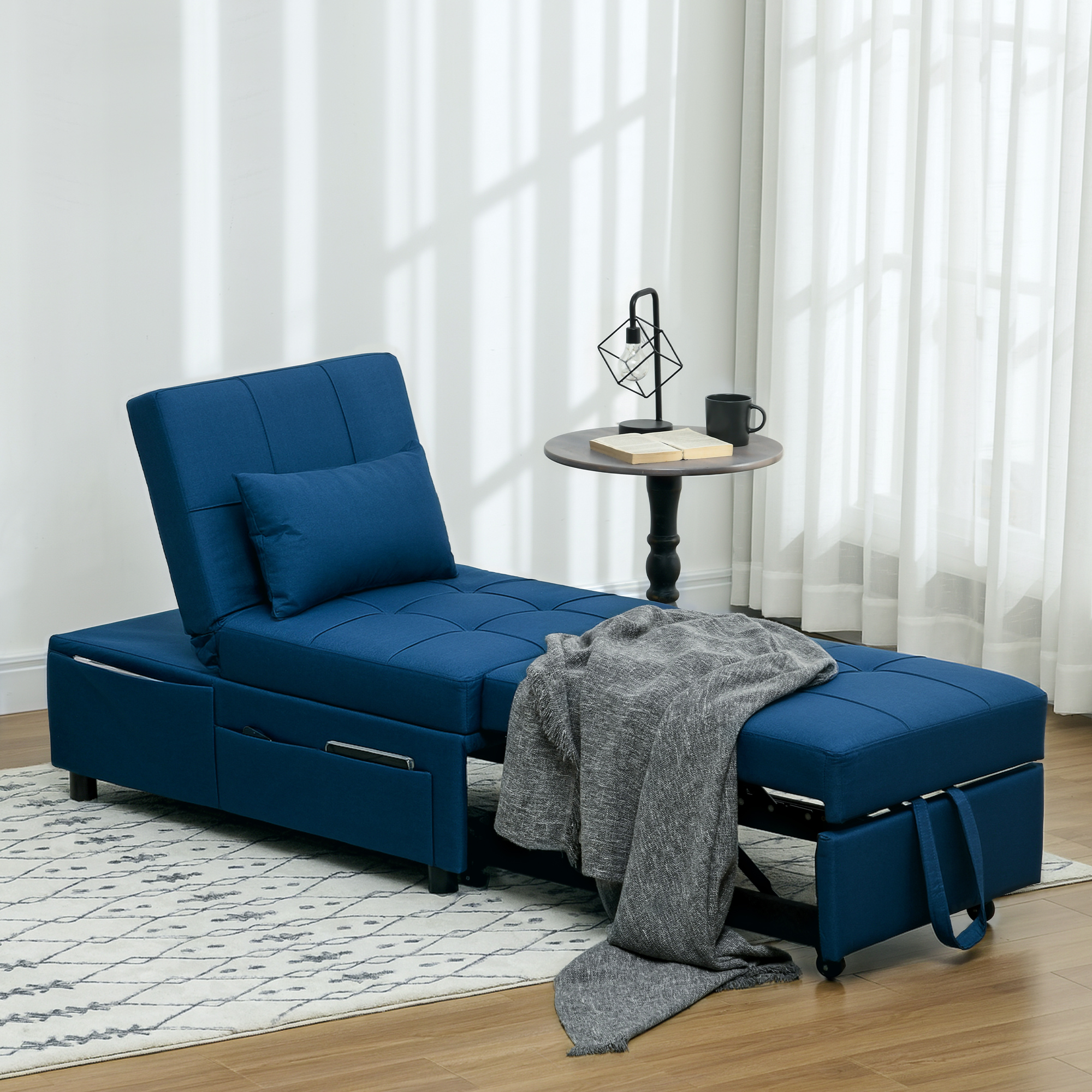 3-in-1 Klappsessel mit Seitentasche, Gästebett mit Kissen, Verstellbarer Rückenlehne, Bettsessel mit Rollen, Blau