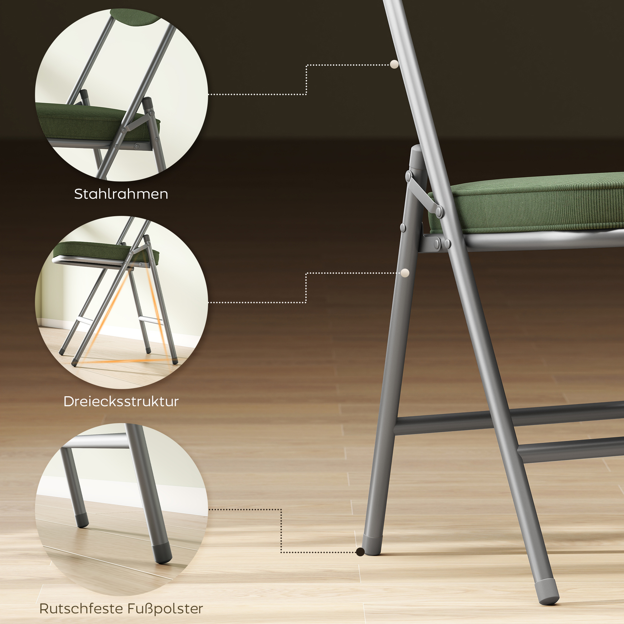 4er-Set gepolsterte Klappstühle, Faltbare Stühle mit Cordbezug, Rückenlehne, Metallrahmen, Grün