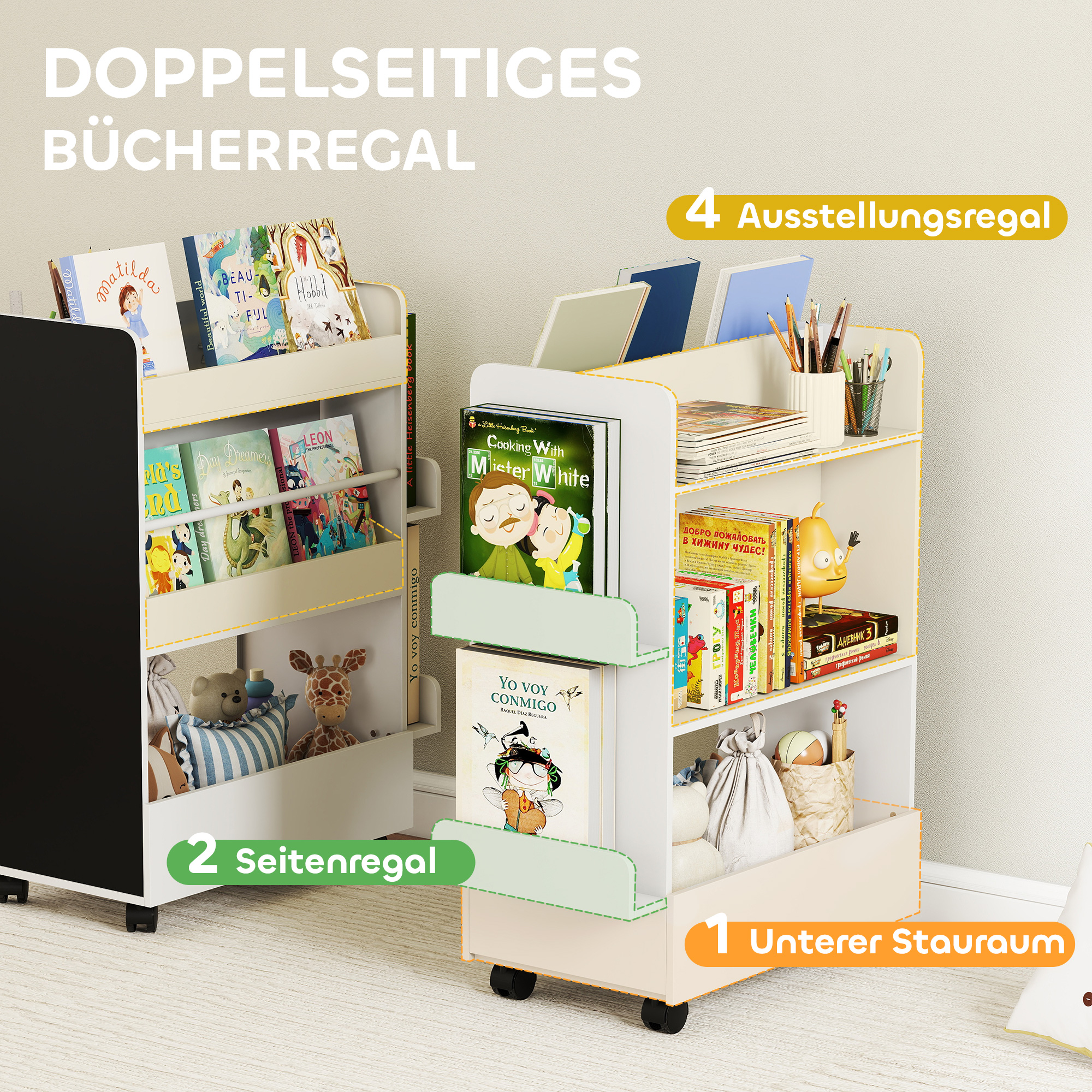 Kinder Bücherregal mit 4 Regalen, Bodenfach, 2 Seitenteile, Tafel, Rollen, für 3-8 Jahre, 66,5x32,5x86,5 cm Weiß