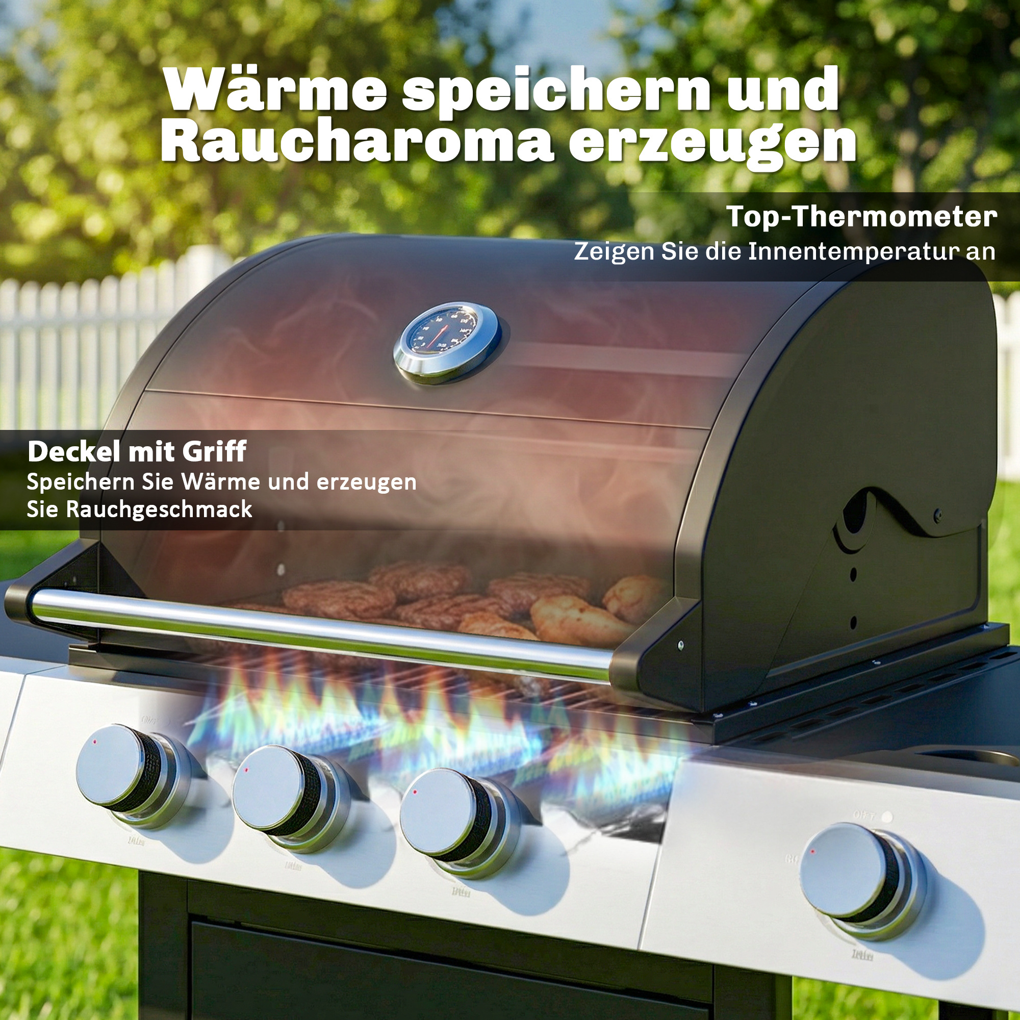 Gasgrill 10,5 KW 3+1 Brenner BBQ Grillwagen Edelstahl inkl Seitenbrenner Flaschenöffner Thermometer Gusseisen-Grillrost