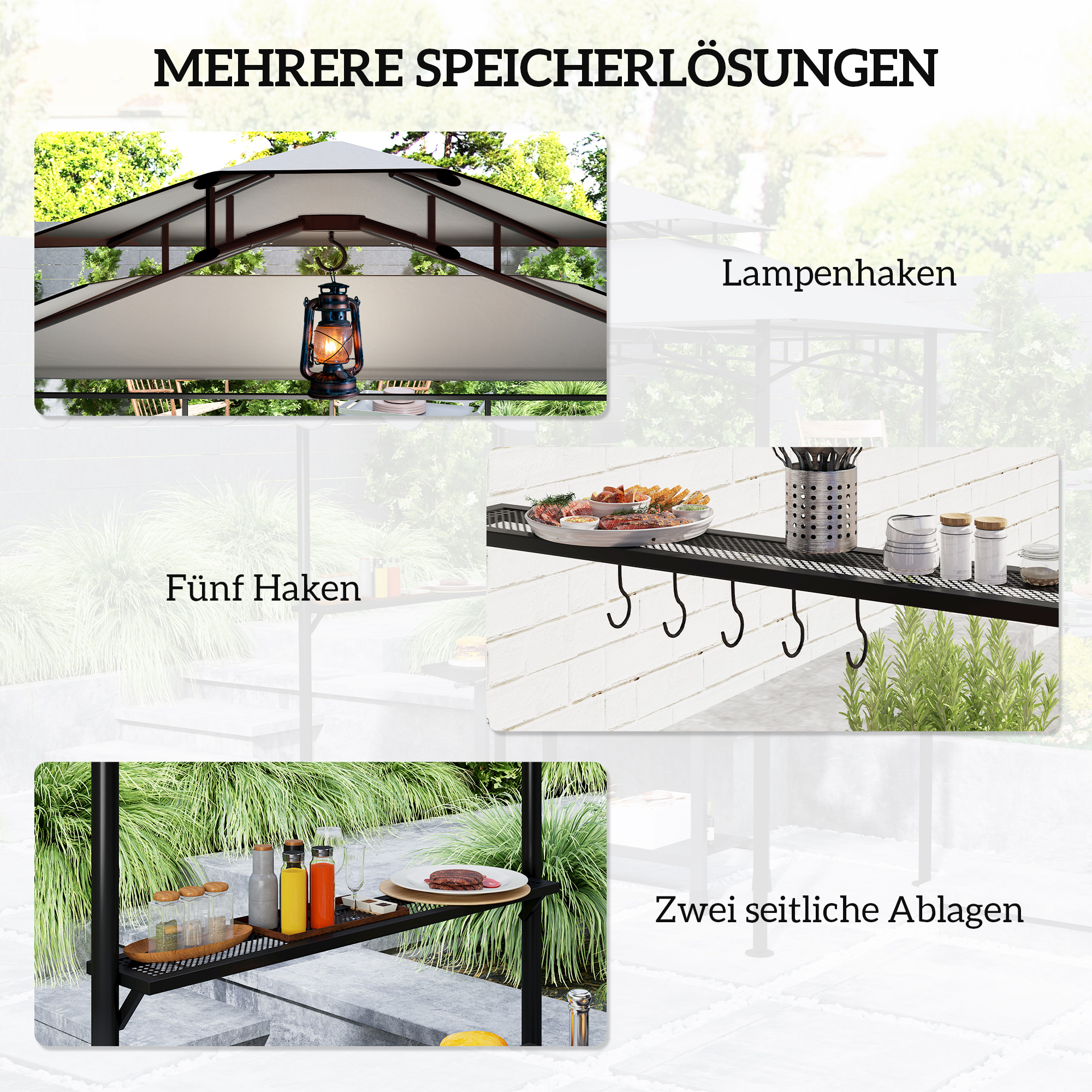 Grillpavillon 242x232x248 cm wasserabweisend flammhemmend Gartenpavillon mit Doppelschichtdach Grau