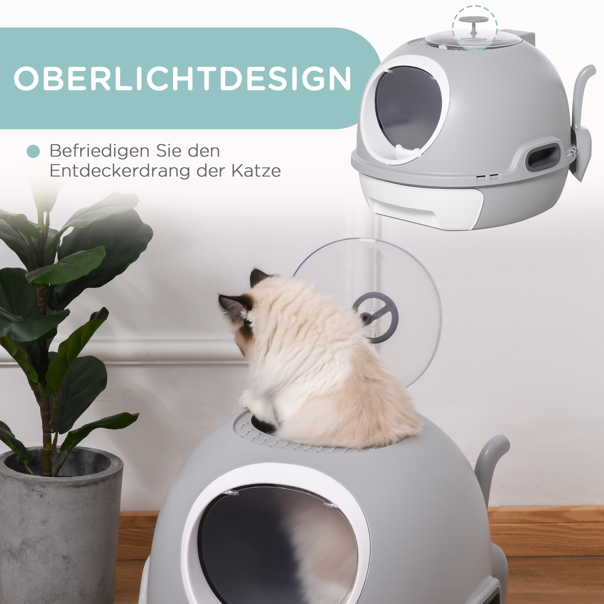 Katzentoilette mit Dachfenster, Katzenklo mit Bodenschale, mit Schaufel, Tragbar, PP ABS, Grau, 47 x 55 x 44 cm