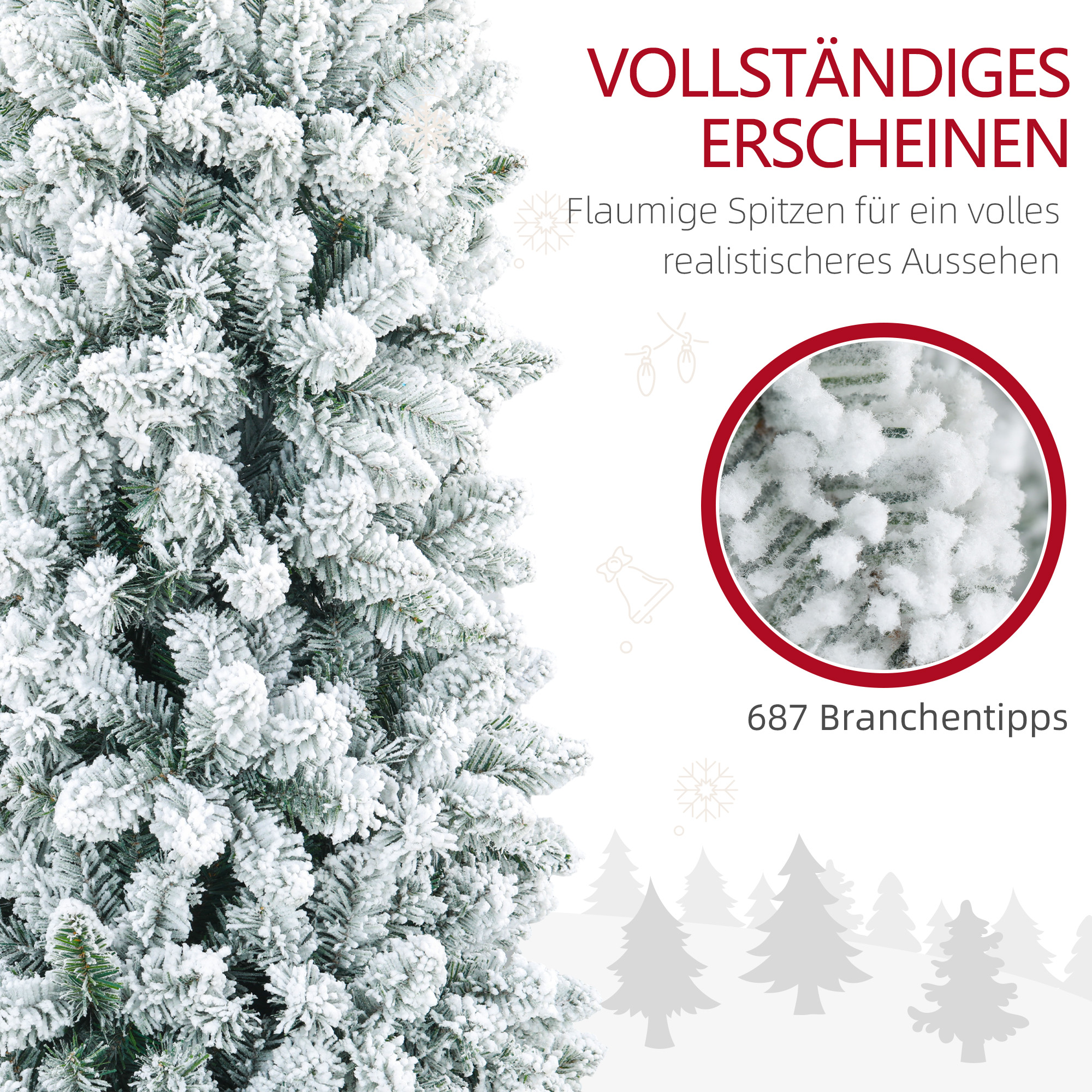 Weihnachtsbaum, flammenhemmend, mit Kunstschnee, schlank, Stahlfuß, 75 x 210 cm, Grün