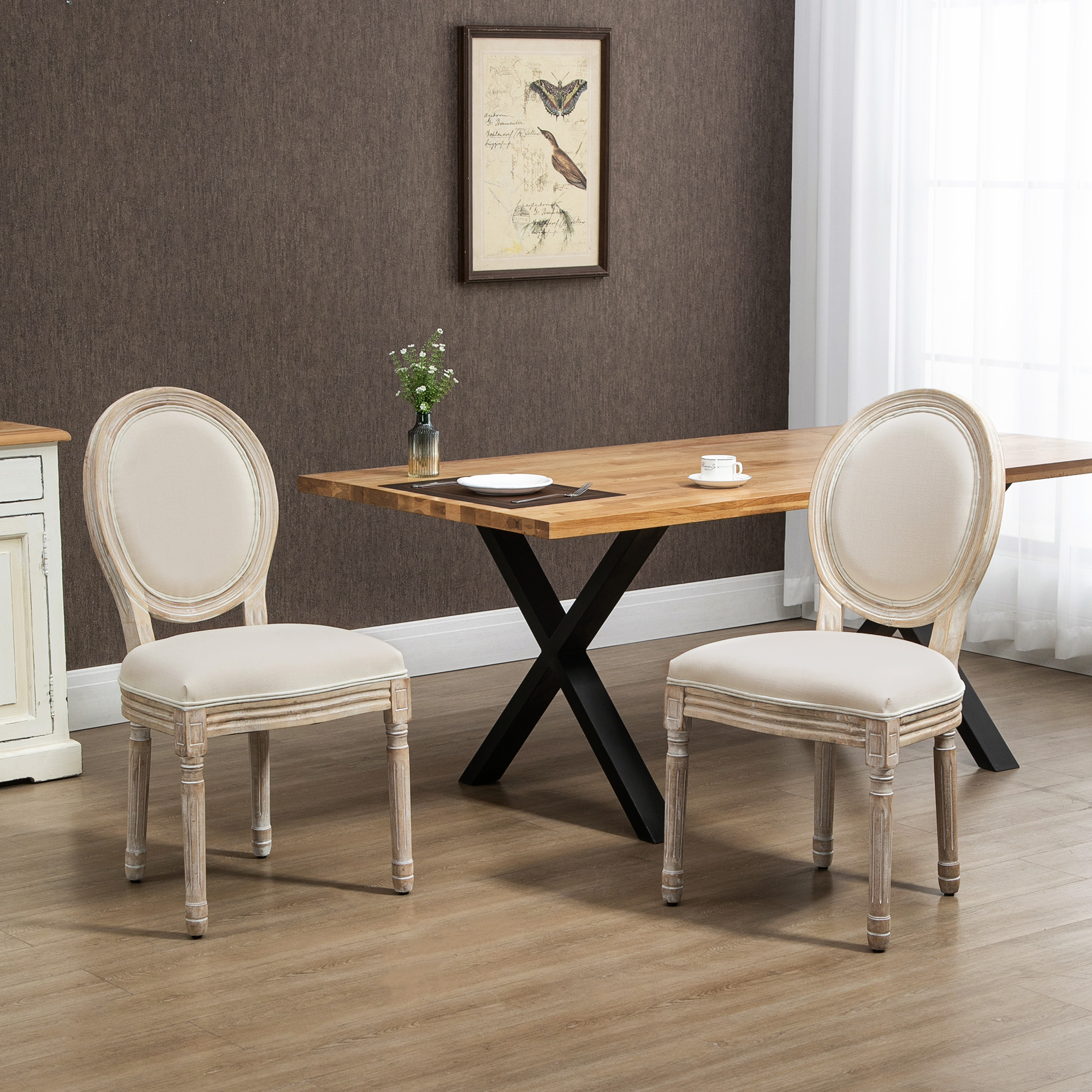 Esszimmerstühle 2er Set Küchenstuhl mit Rückenlehne, Linenoptik, Sessel Polsterstuhl, Stühle, Wohnzimmerstuhl mit Holzbeine für Esstisch, Cremeweiß+Natur