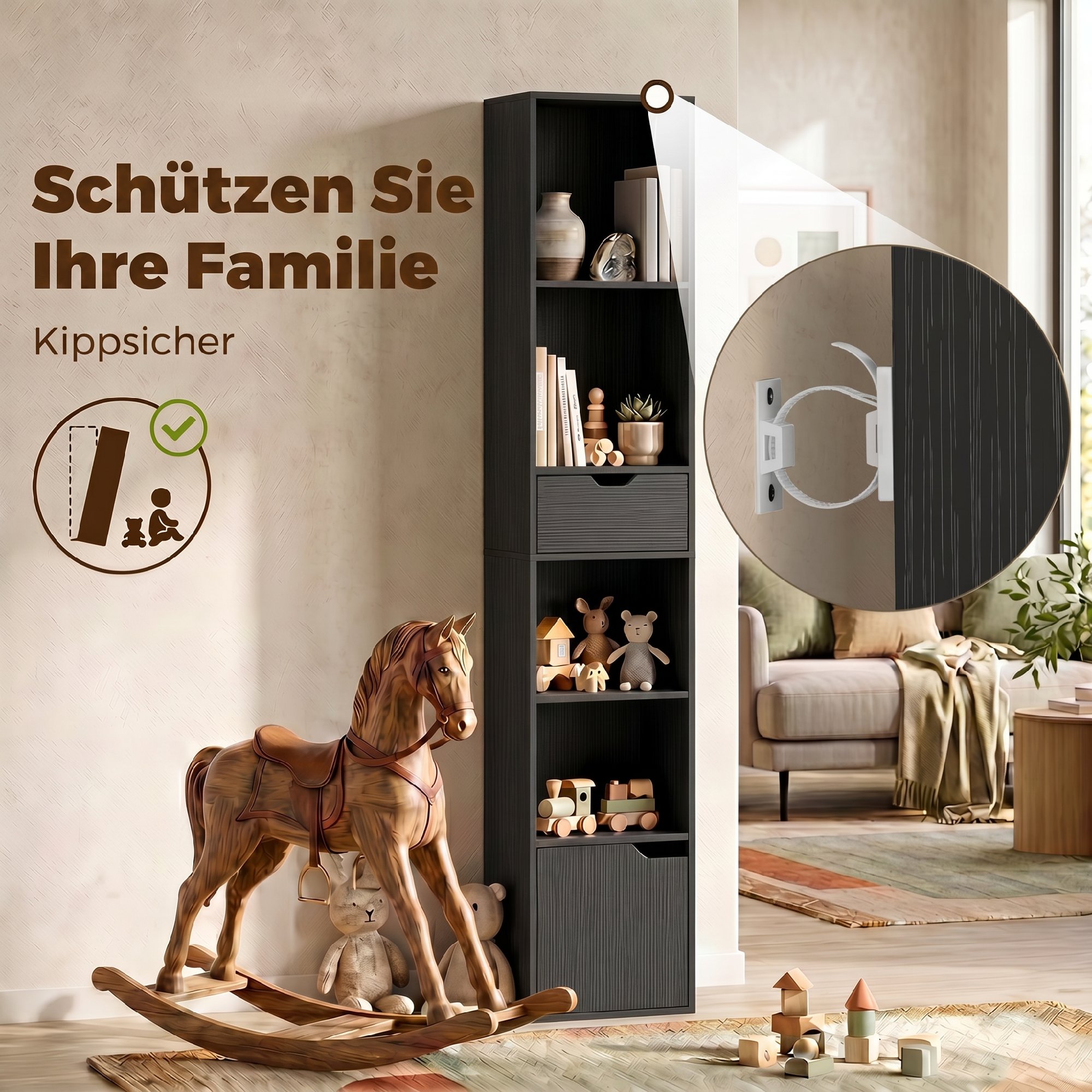 6-fach Bücherregal mit Schublade und verstellbarem Fach, freistehender Aufbewahrungsschrank, 30 x 24 x 158 cm, Schwarz