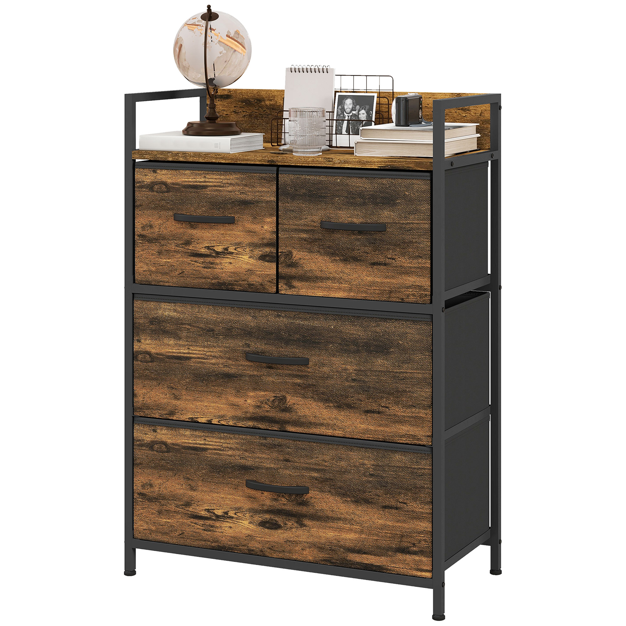 Kommode, Sideboard, 4 Stoffschubladen, Industrial Design, 60x29x85cm, Braun/Schwarz