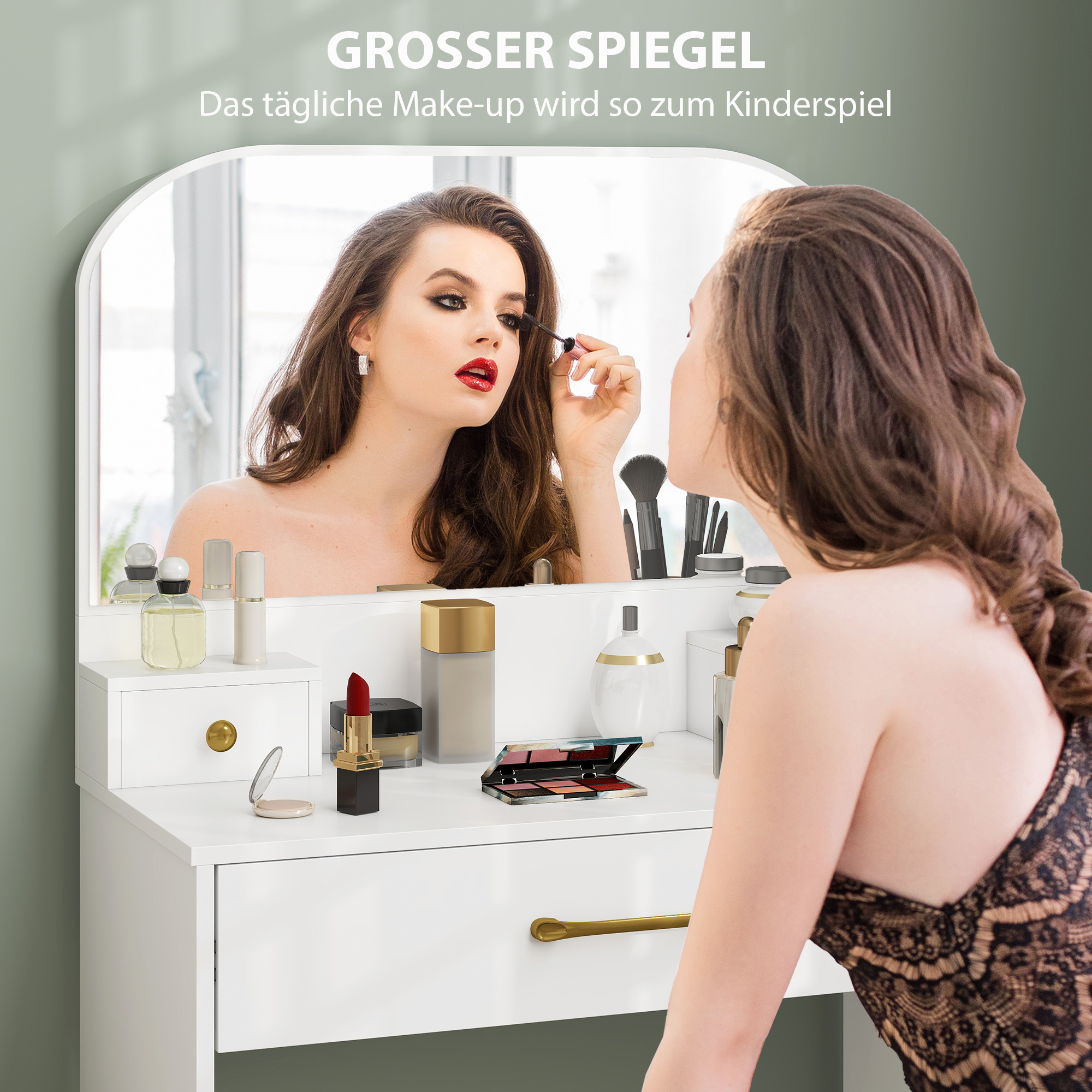 Schminktisch mit Spiegel, Kompakter Schminktisch mit 3 Schubladen, Weiß