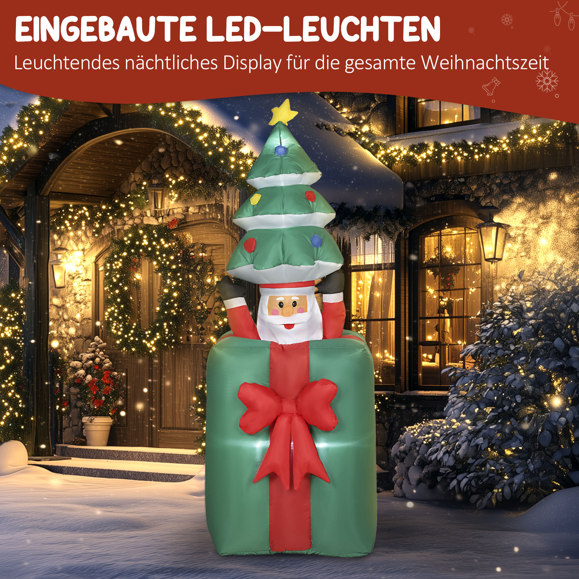 aufblasbare Weihnachtsdekoration mit LED-Lichtern, Polyester, für drinnen und draußen, Rot+Grün