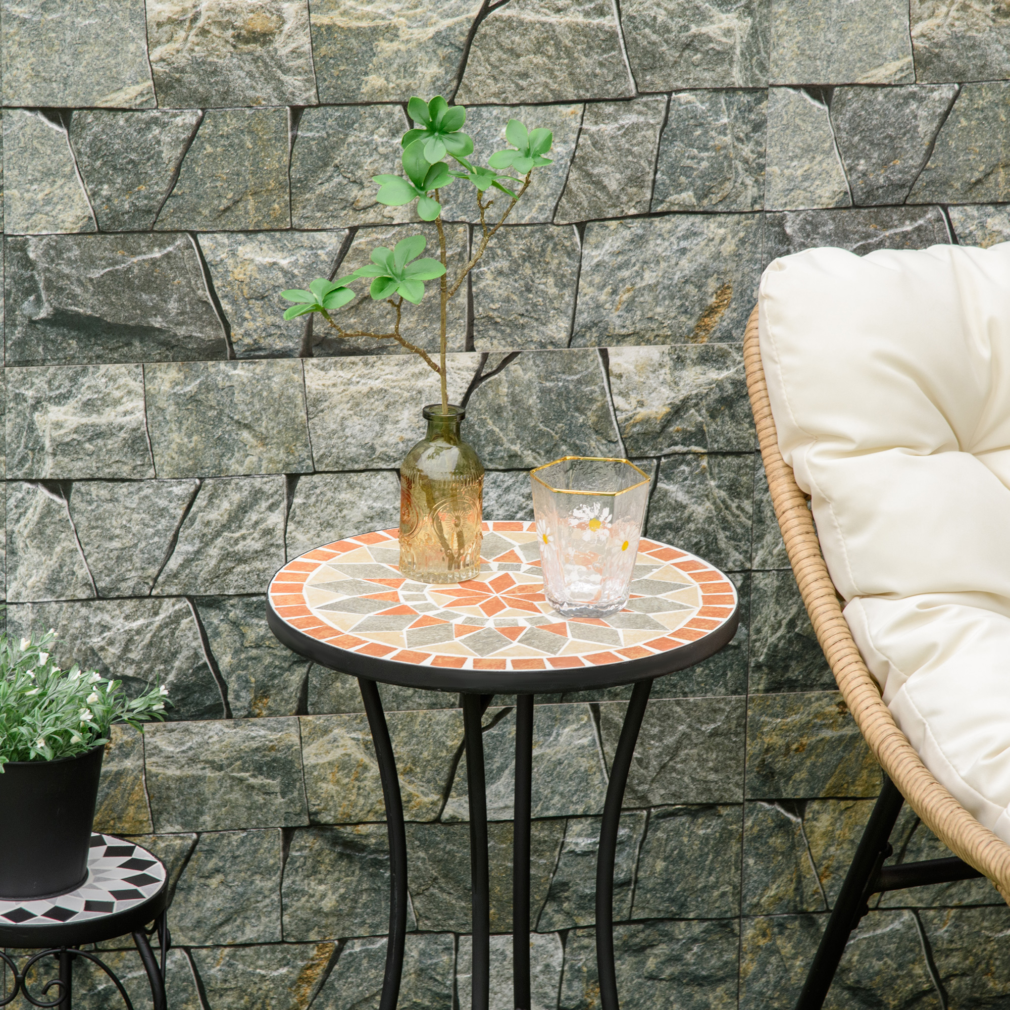 Beistelltisch Gartentisch Ø35,5cm Rund wetterfest im Mesh-Stil Balkontisch mit Mosaik-Muster Metall Campingtisch Kaffeetisch für Wohnzimmer Büro Outdoor Indoor Gelb+Grau