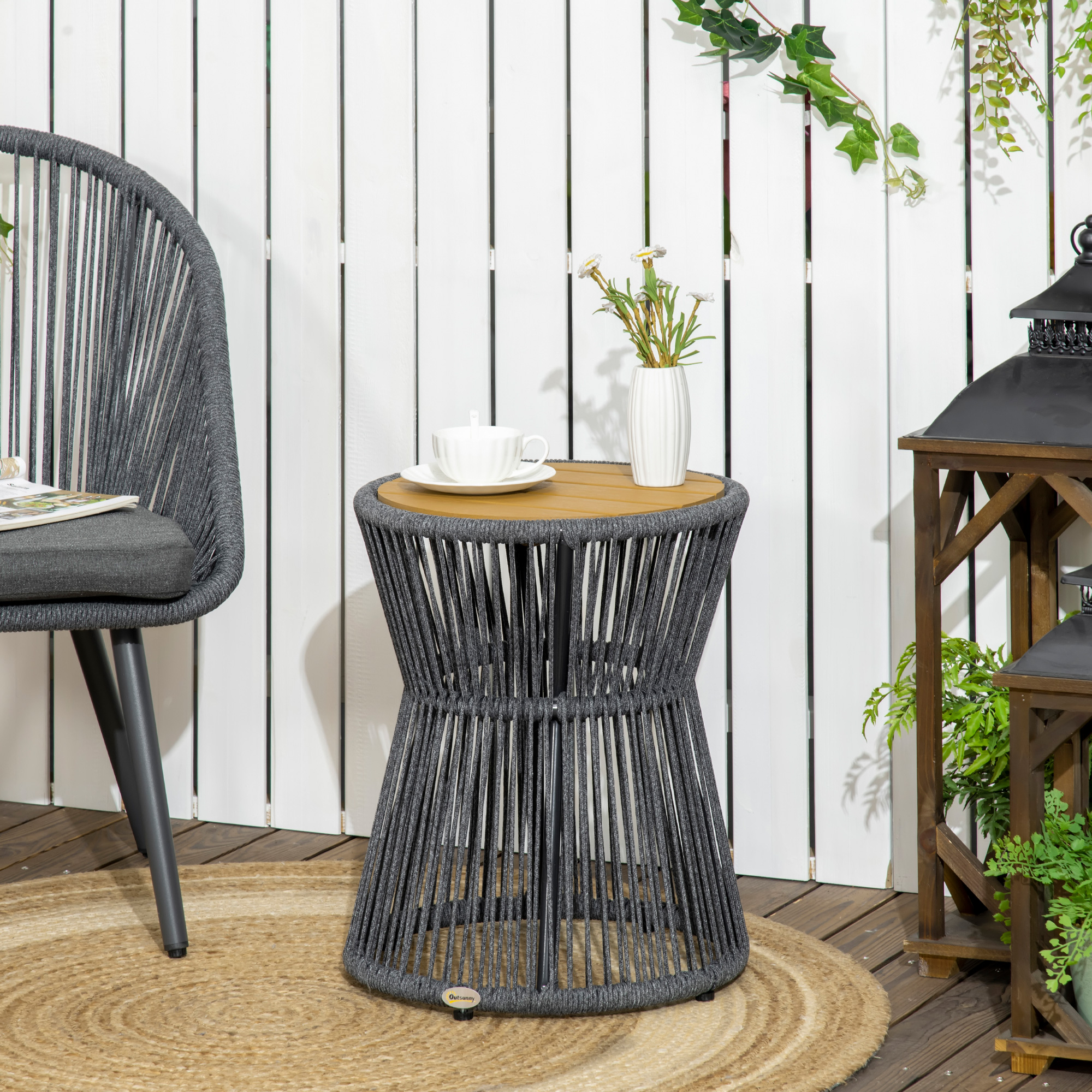 Gartentisch im Boho-Stil, wetterbeständig, PE-Rattan, 39 cm x 39 cm x 49 cm, Schwarz + Natur