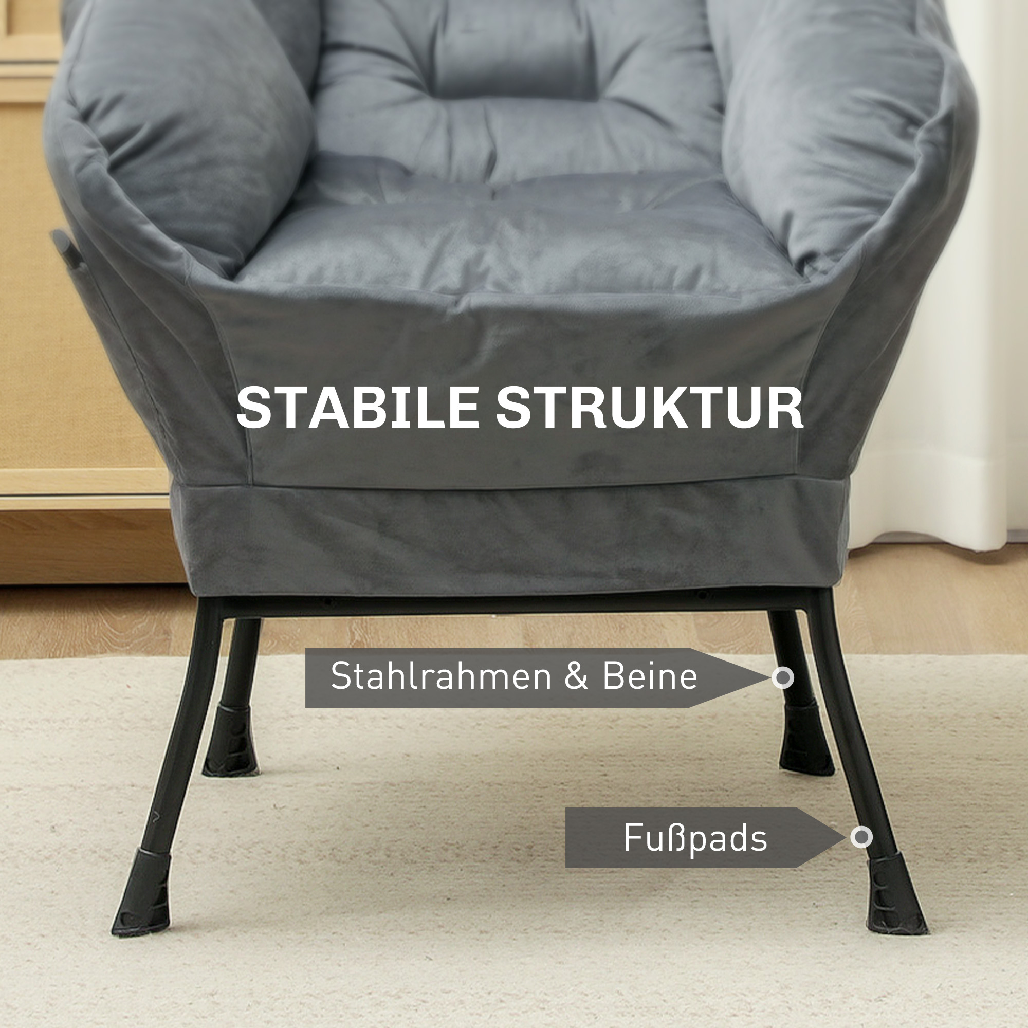 Moderner Akzentstuhl, Polsterstuhl mit Stahlbeinen und Seitentaschen, für Wohnzimmer, Schlafzimmer, Grau
