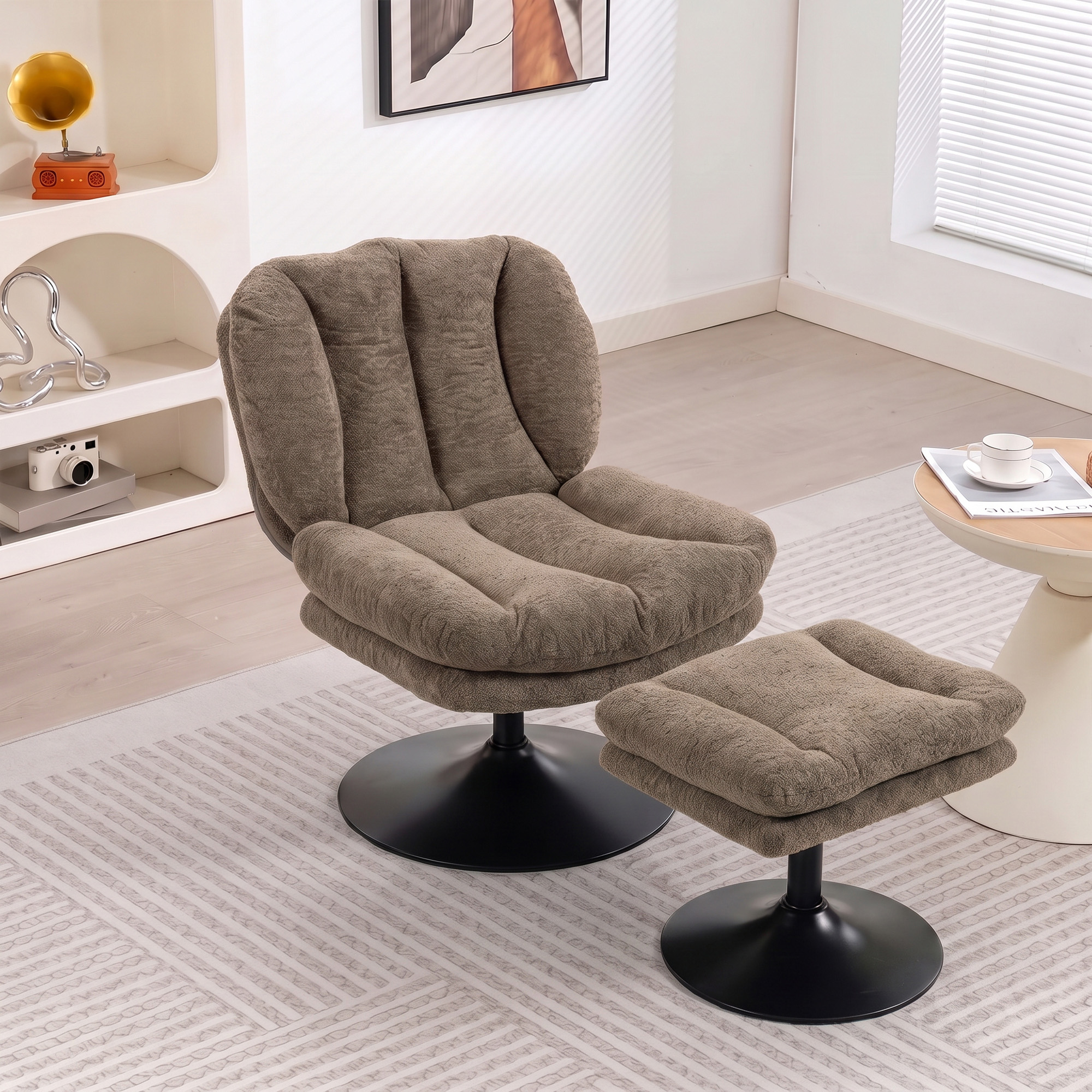 Loungesessel mit Hocker, 360° drehbar, aus Raindrop-Samt, höhenverstellbarer Fußhocker, Braun