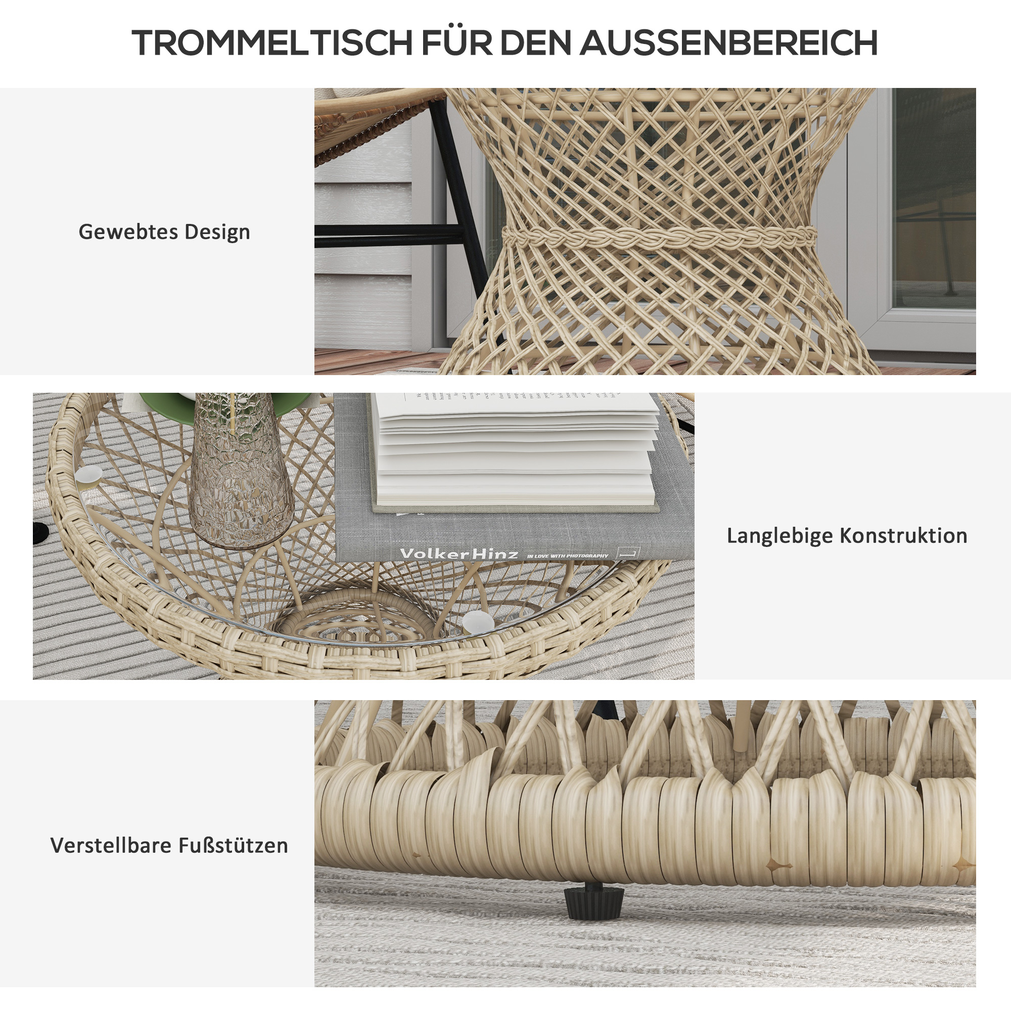 Couchtisch Beistelltisch Boho-Design, Glasplatte, PE-Rattan, 45 cm x 45 cm x 52 cm, Natur