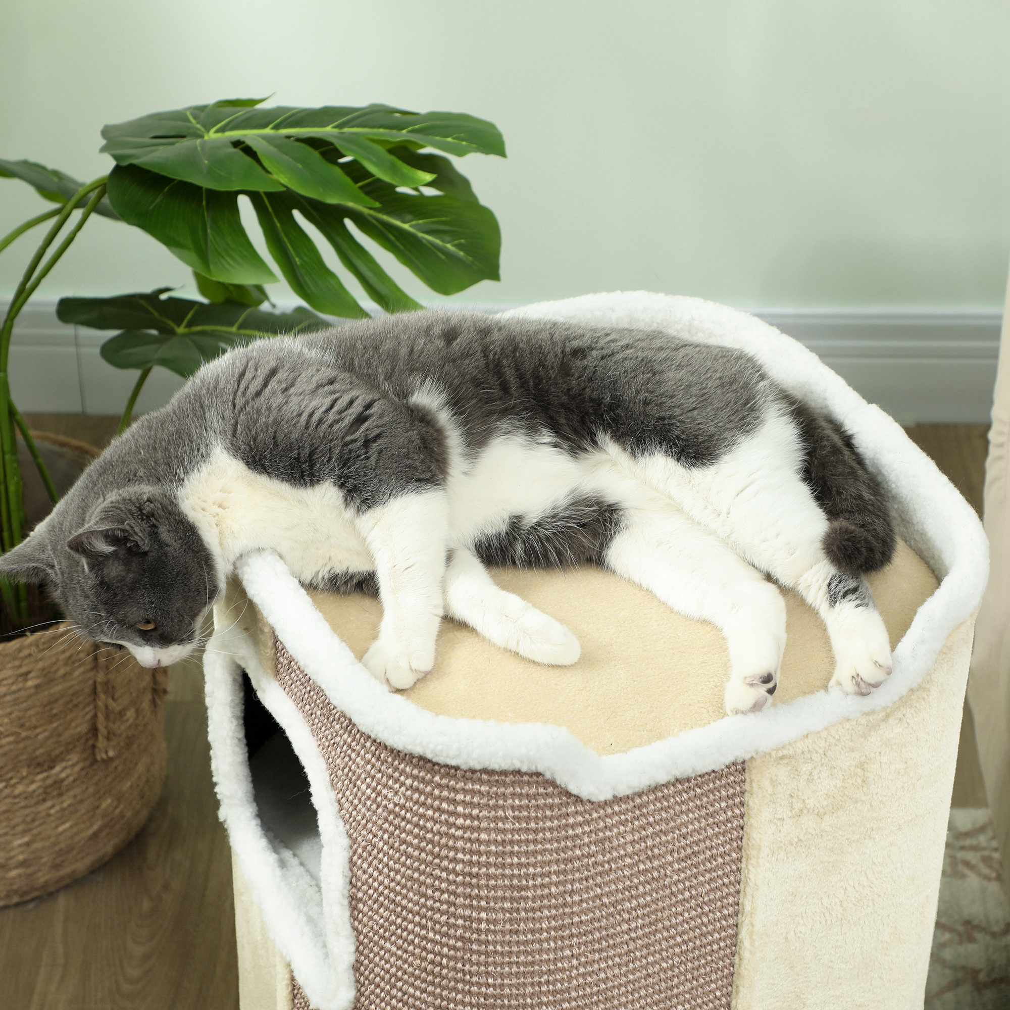 Kratztonne für Katzen, Katzenbaum, 3 Ebenen, robust, weicher Plüsch, Rückzugsort, Beige