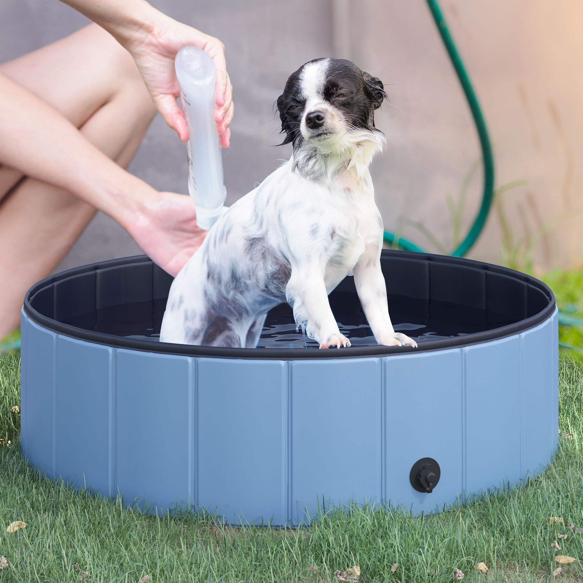 Hundebadewanne faltbar Badewanne Hundepool Plantschbecken Swimmingpool Wasserbecken für Hunde und Katzen Schwimmbecken Kunststoff+Holz Blau Ø100 x H30 cm