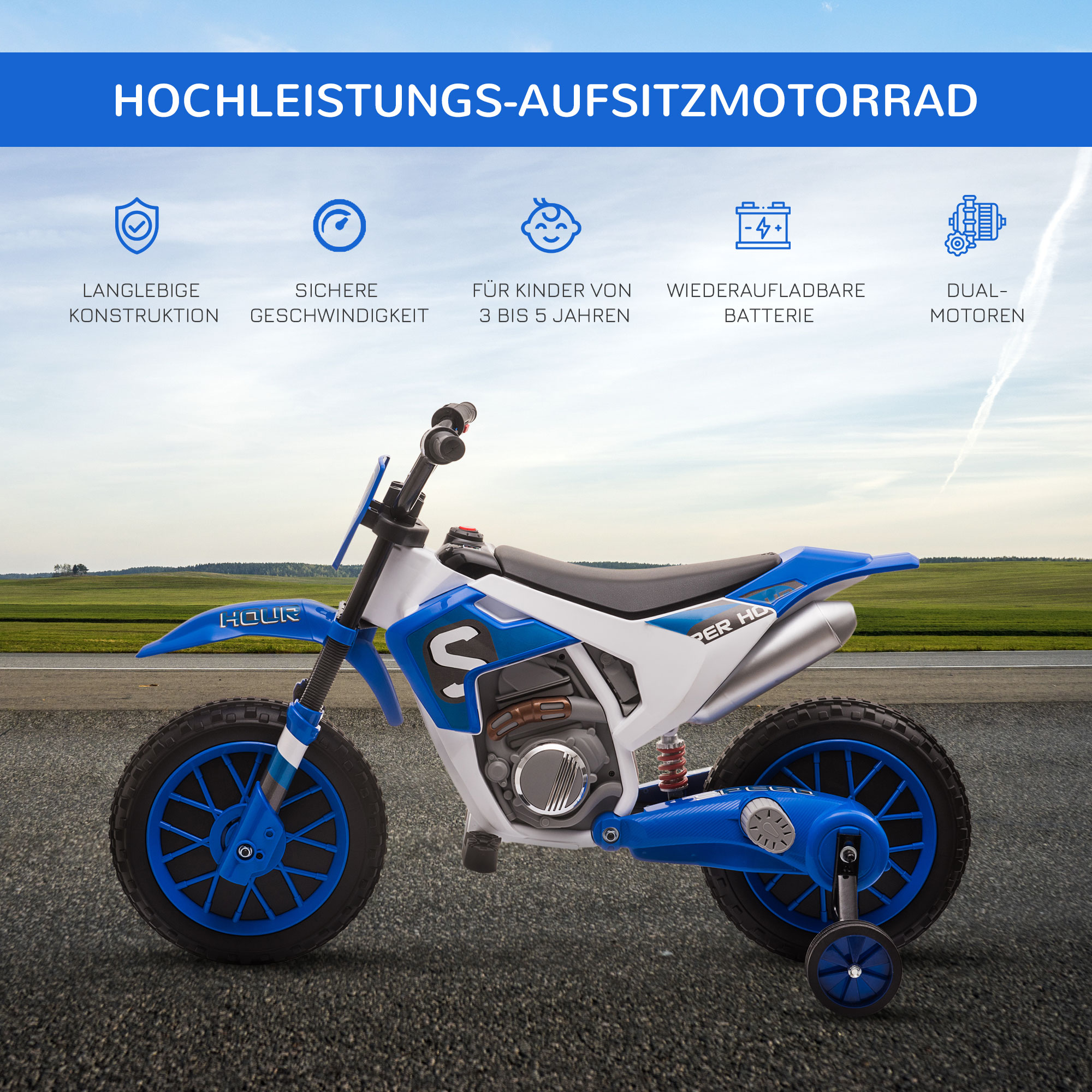Kindermotorrad, Elektromotorrad, 45 Min Fahrzeit, mit Stützrädern, ab 3 Jahren, blau+weiß, 106,5 x 51,5 x 68cm