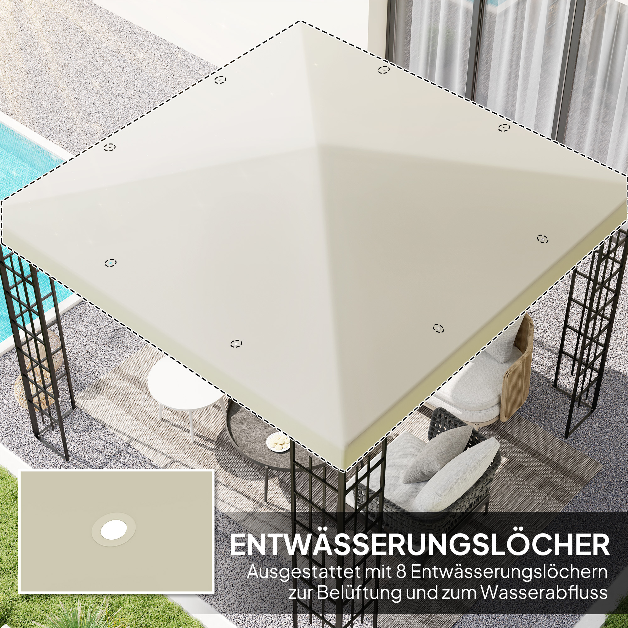 3 x 3 m Ersatzplane für Pavillon, Plane für Garten-Pavillon, mit Wasserablauföffnungen, UPF30+, Cremeweiß