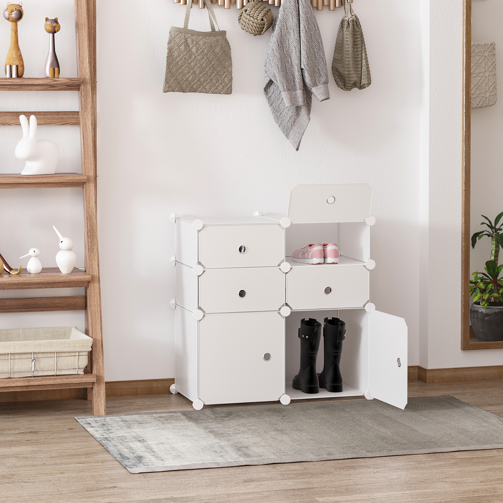 Schuhschrank, Regal mit Aufbewahrungsboxen, Kleiderschrank, Kunststoff, Stahl, Weiß, 75 x 37 x 73 cm