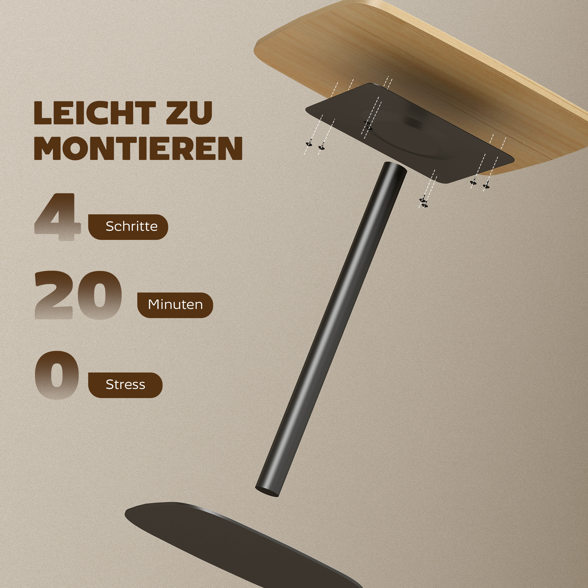 Kleiner Esstisch, 60 cm, quadratisch, MDF-Tischplatte, Stahlsockel, für Wohnzimmer, Esszimmer, Küche, Naturholz+Schwarz