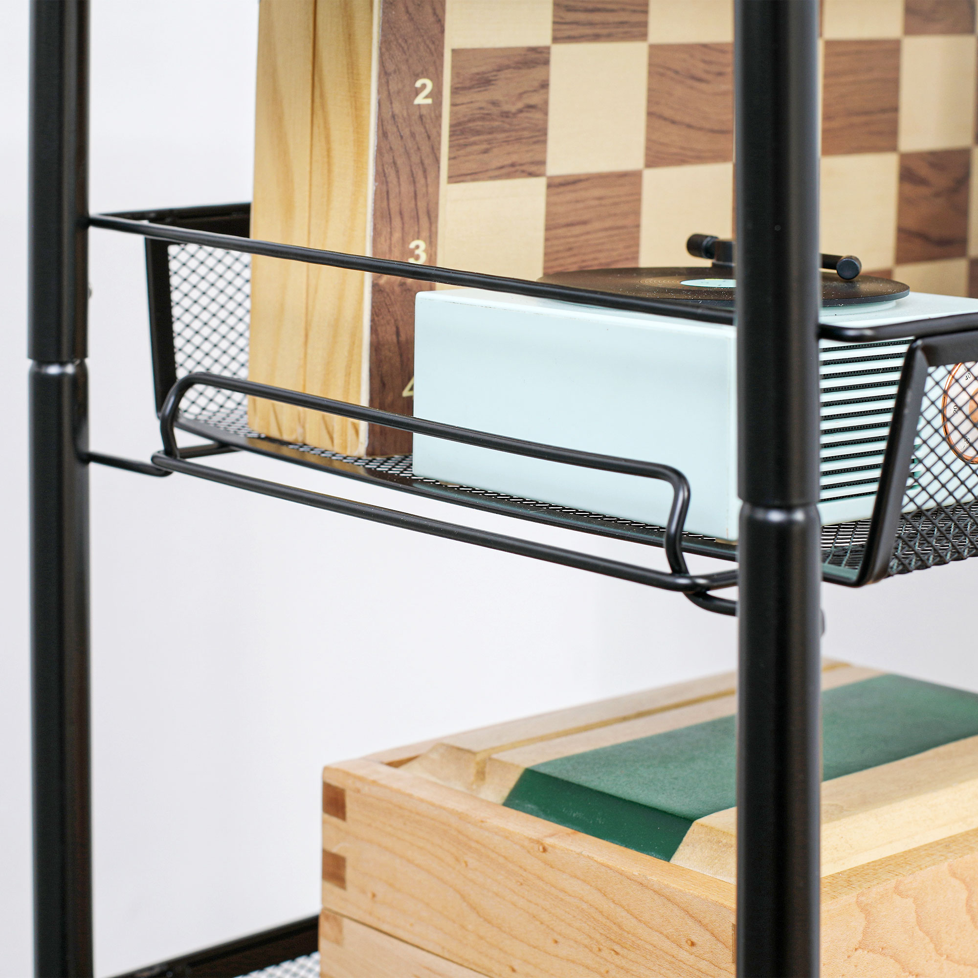 Rollwagen mit 4 Hängekörben, Servierwagen auf Rollen, fahrbar, abnehmbare Haken, Stahl, 45 x 26,5 x 84 cm, Schwarz