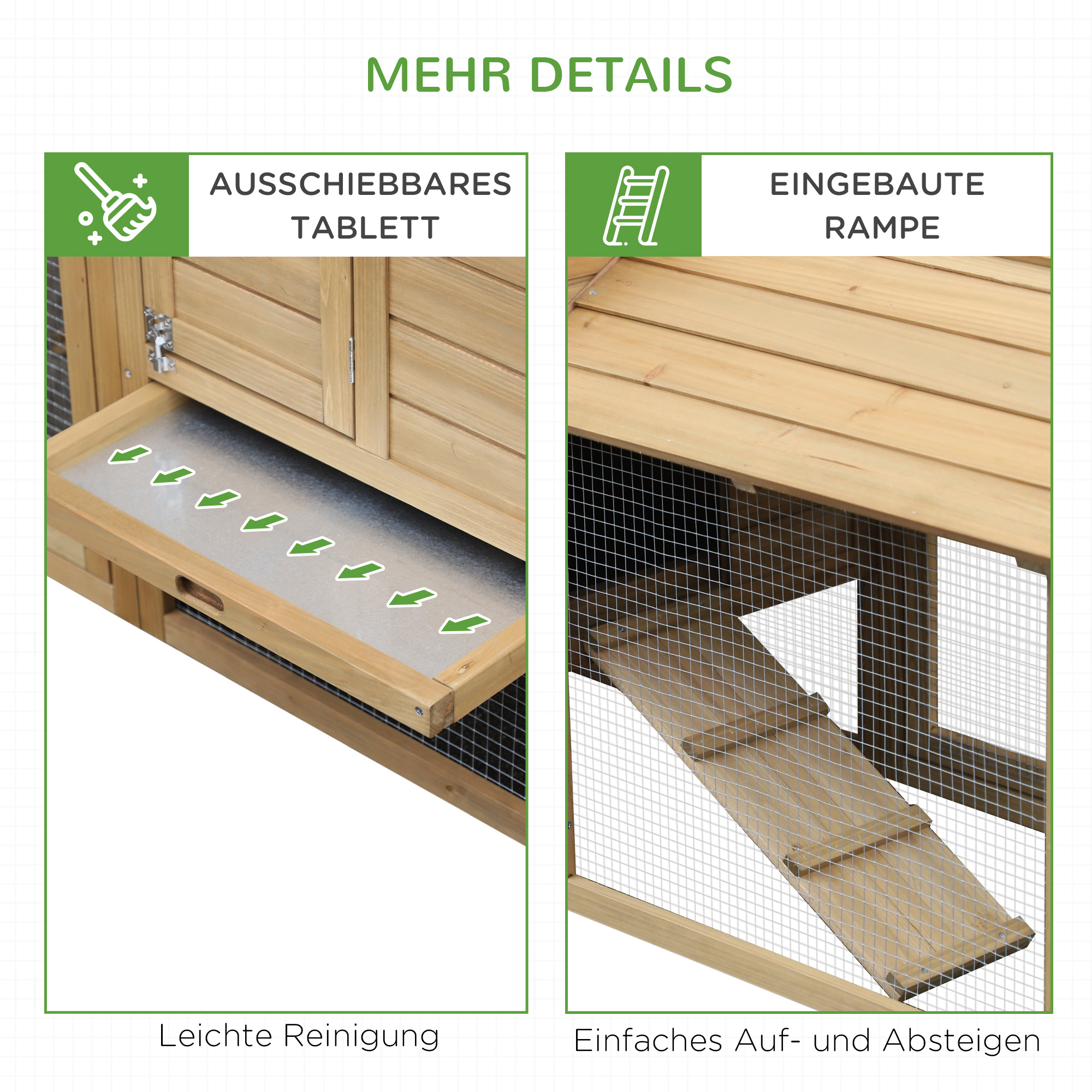 Hühnerstall Hühnerhaus aus Holz 151,5 x 54 x 87 cm, Freilaufgehege mit 2 Ebenen, 2 Türen, Nistkasten, wasserfestem Dach, Auslauf, Rampe, Hühnergehege für Garten, Natur