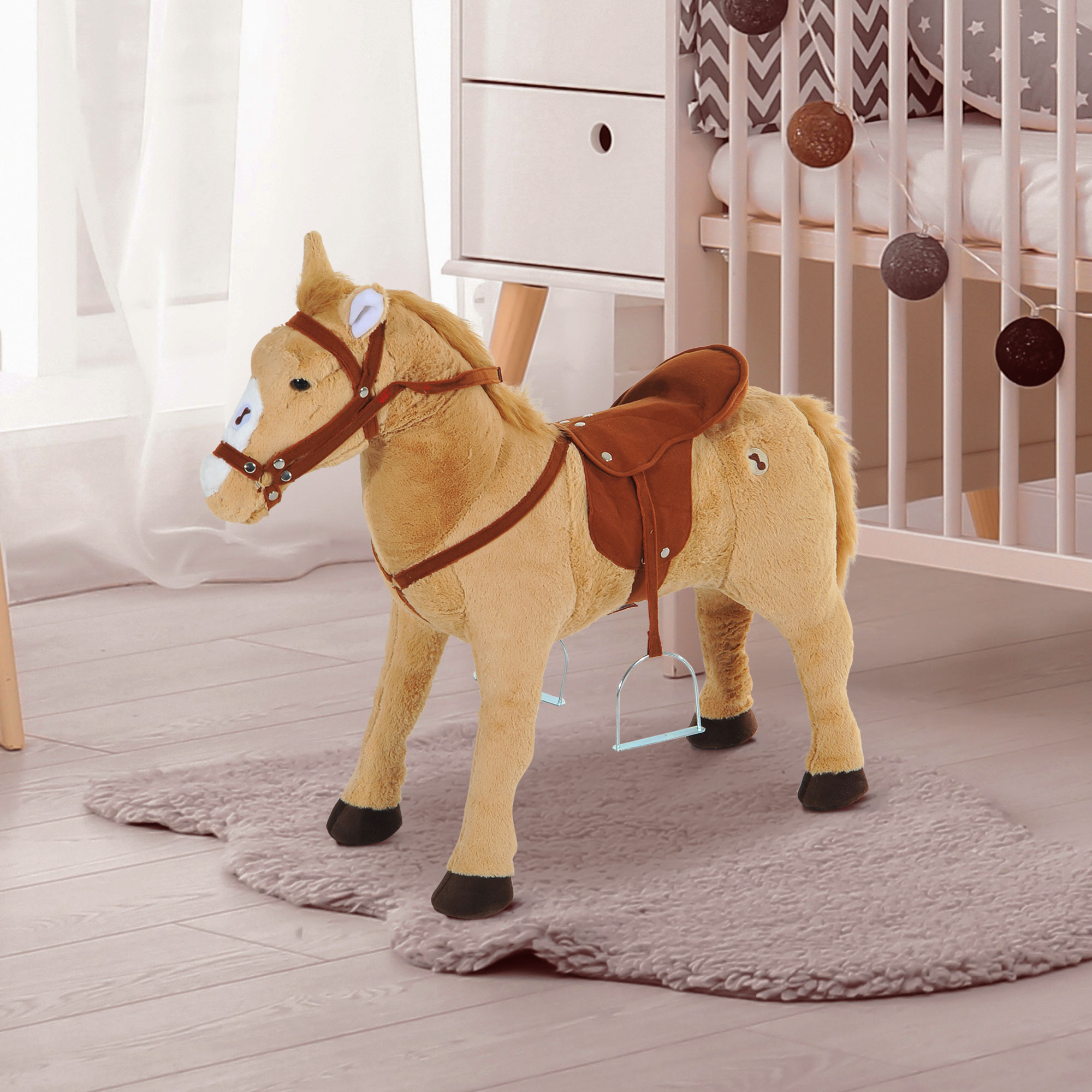 Reitpferd 60 cm Stehpferd mit Sattel, Zaumzeug Steigbügel Sound Spielpferd zum Reiten Draufsitzen Schaukeltier für Kinder ab 2 Jahre, Schaukelpferd Plüschpferd Indoor Outdoor Beige