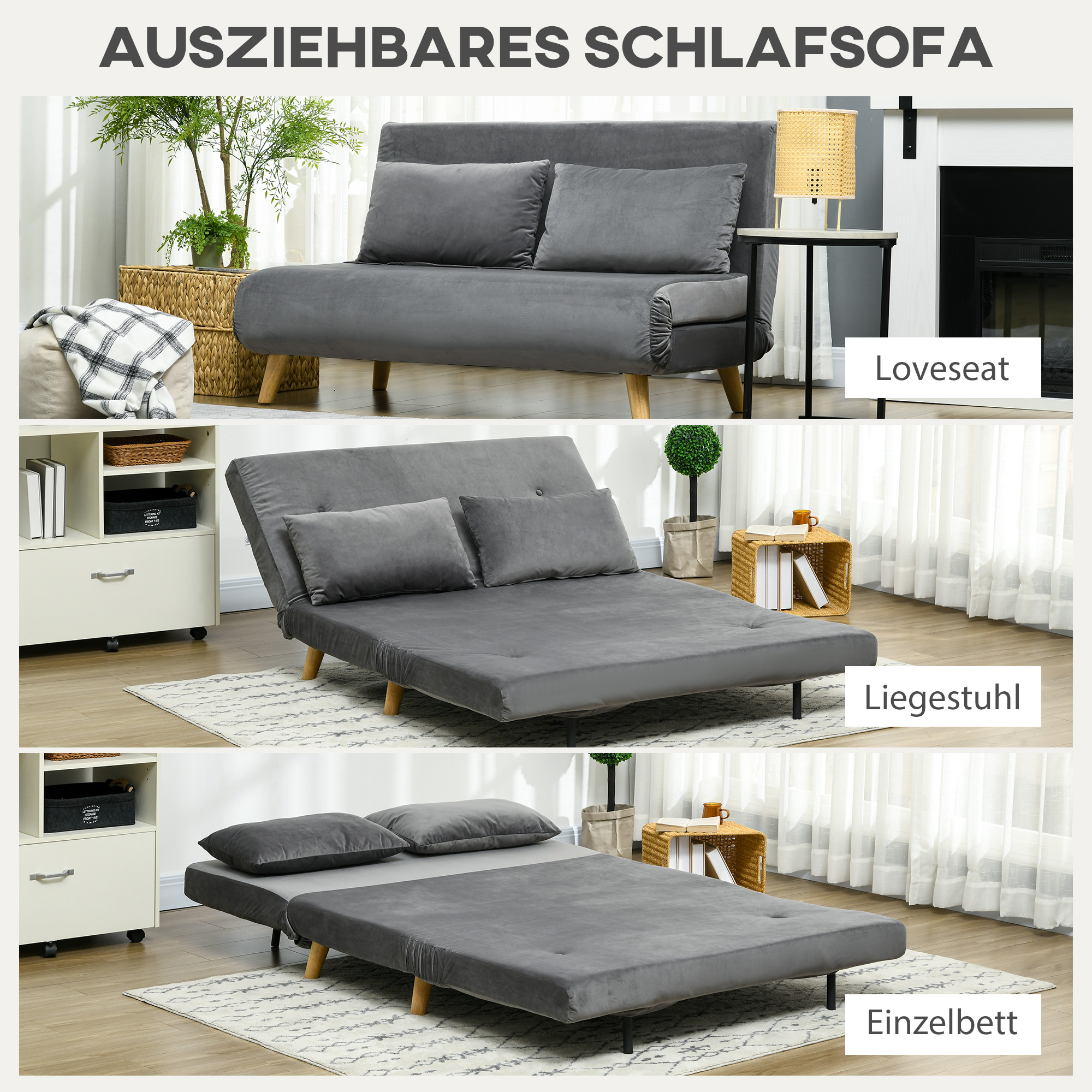 Schlafsofa Relaxsofa Sofa Couch, inkl. 2 Kissen, Samtoptik, 130 x 78 x 79 cm, Grau