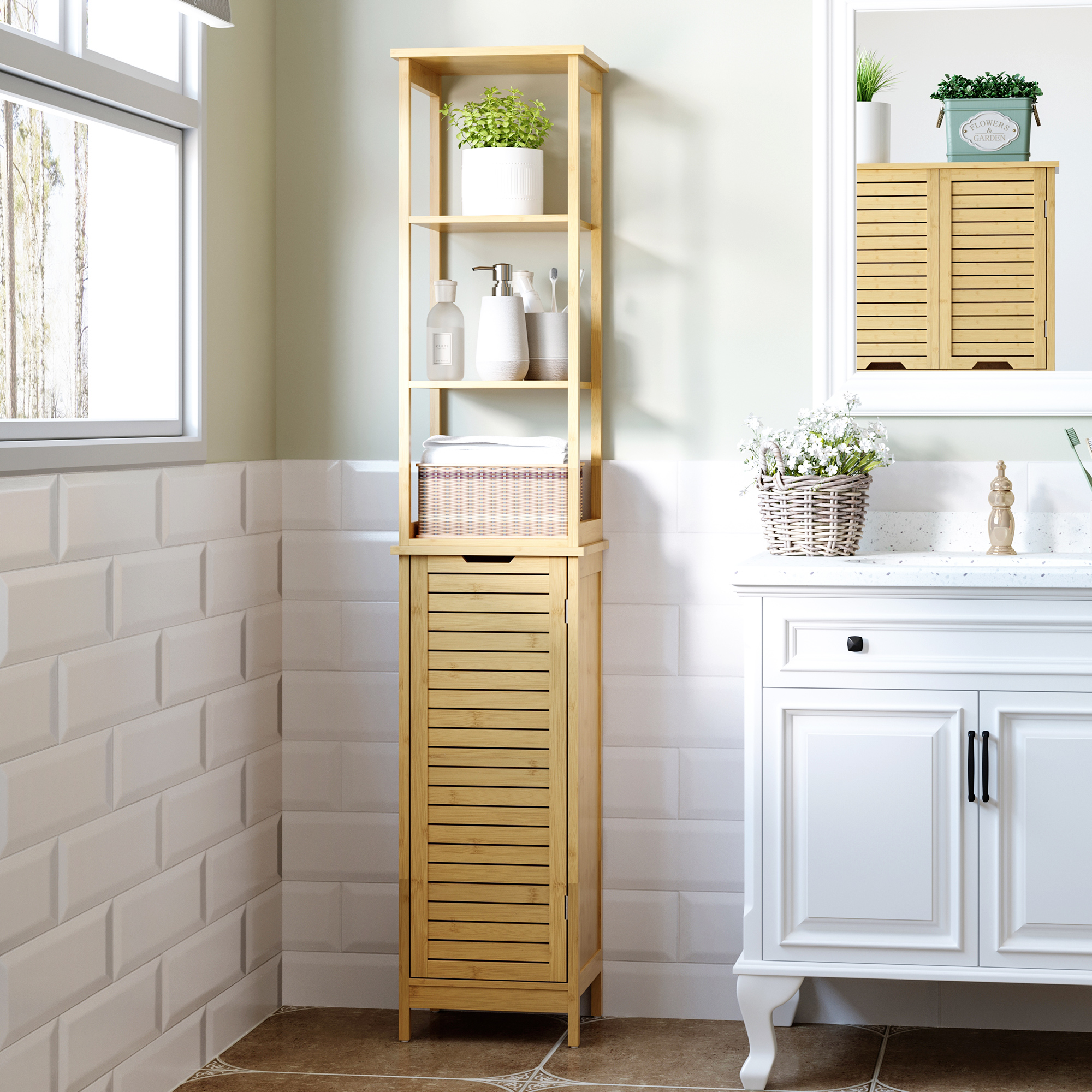 Badschrank, Hochschrank, drei Regalböden, ein Schrankfach mit Lamellentür, Kippschutz, Bambus, 34 x 30 x 173cm