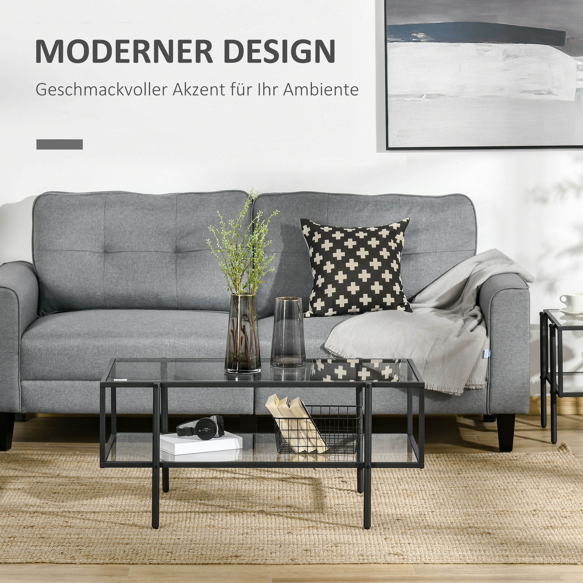 Couchtisch mit Ablage, verstellbare Füße, Stahlrahmen, Glasplatte, 100 x 55 x 45,5 cm, Weiß