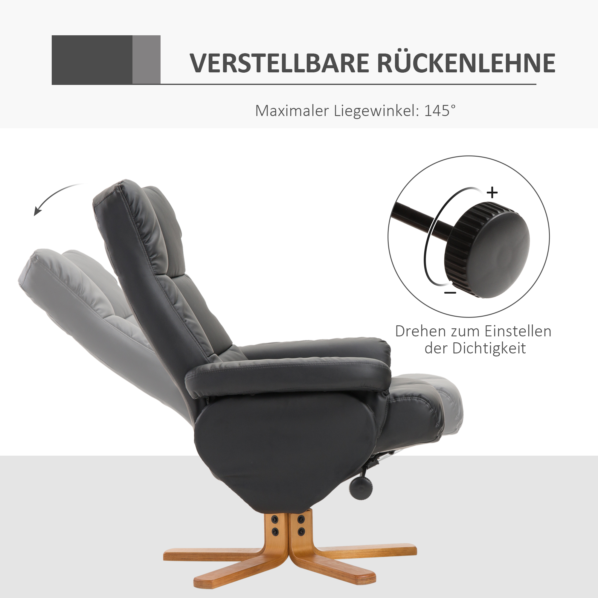 Relaxsessel mit Hocker, Stauraum, Gepolstert Fernsehsessel mit Liegefunktion, 360° Drehbar TV-Sessel für Schlafzimmer, Wohnzimmer, Kunstleder, Schwarz