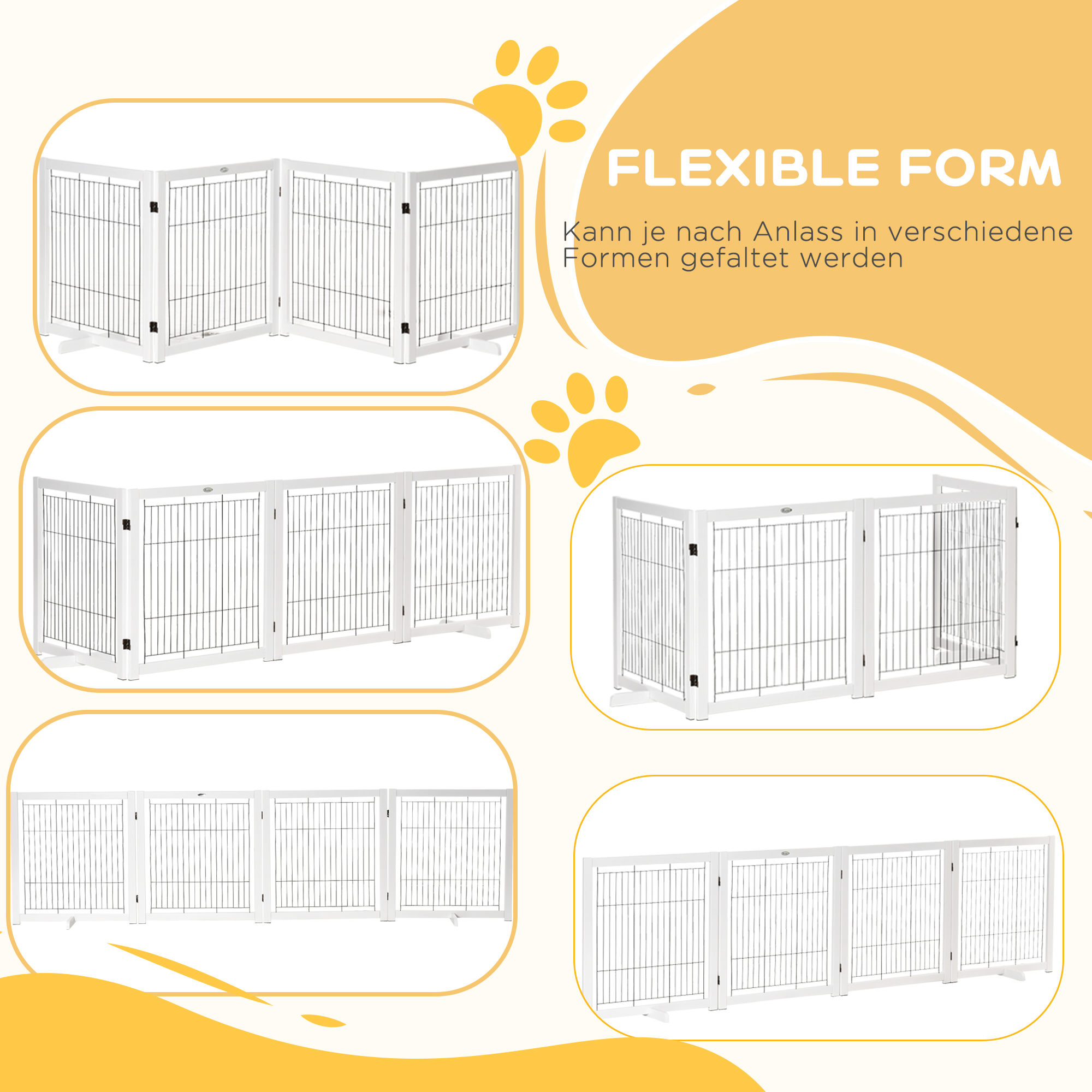Absperrgitter Hund Freistehendes Schutzgitter mit Füßen 305 x 82 cm Holz Hundegitter Klappbar Treppenschutzgitter Hundeabsperrgitter für Treppen, Türen, Flur, 4 Paneelen, Weiß