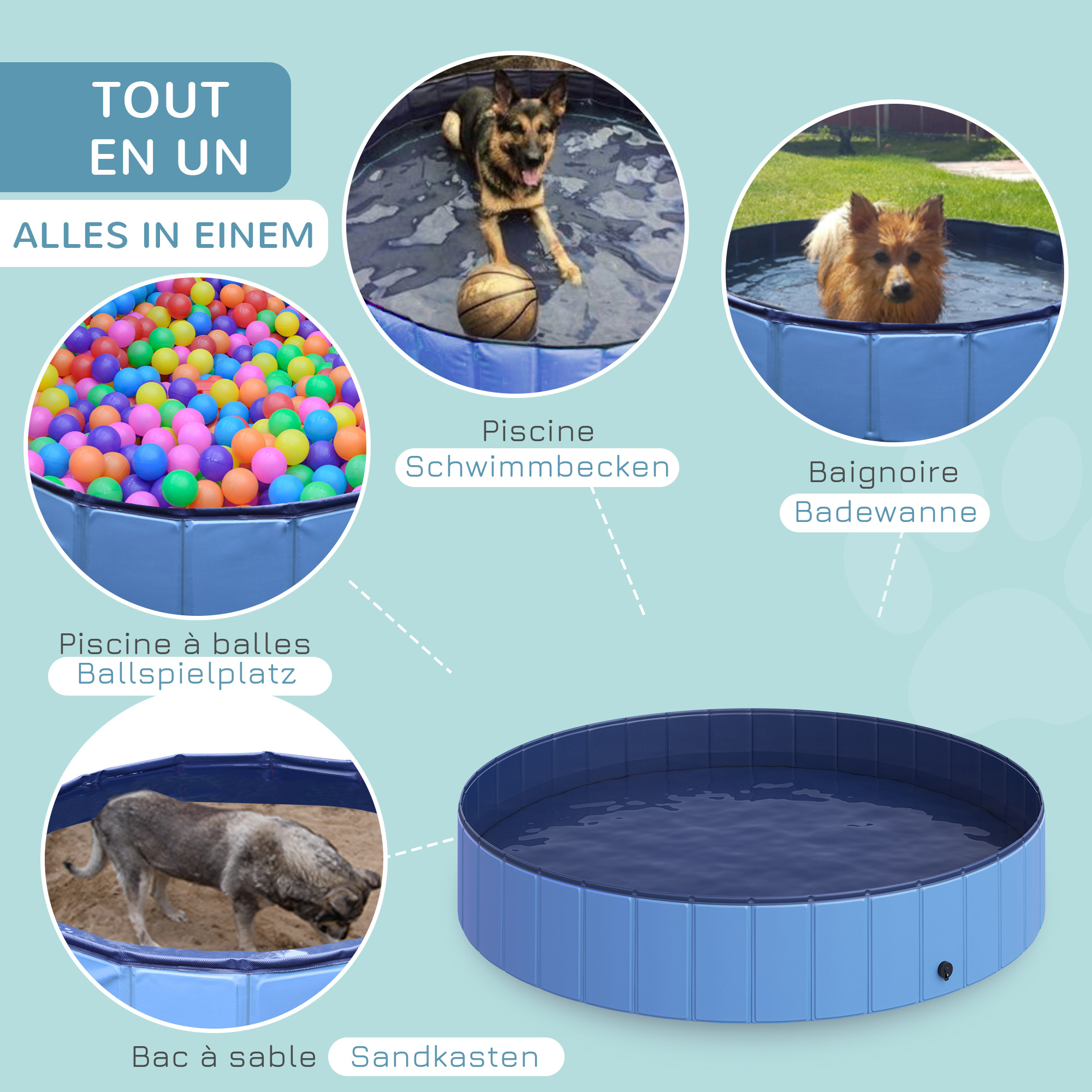 Hundebadewanne faltbar Badewanne Hundepool Plantschbecken Swimmingpool Wasserbecken für Hunde und Katzen Schwimmbecken Kunststoff+Holz Blau Ø120 x H30 cm