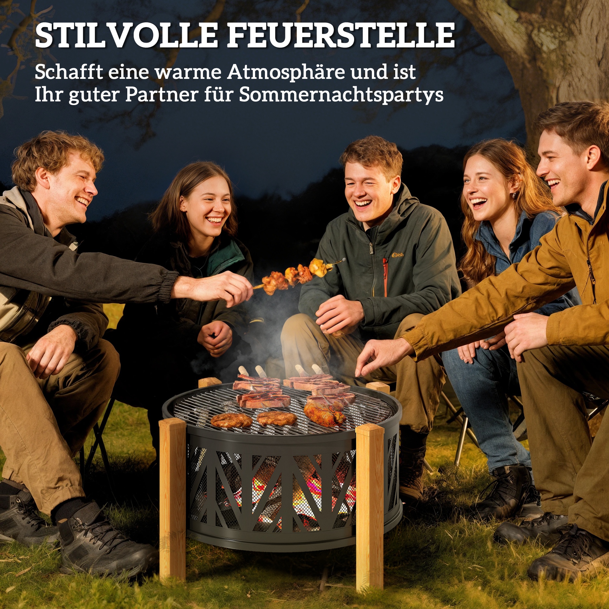 2-in-1 Feuerschale Ø75 x 58 cm Feuerstelle mit Funkenschutz Schürhaken Grillrost Schwarz