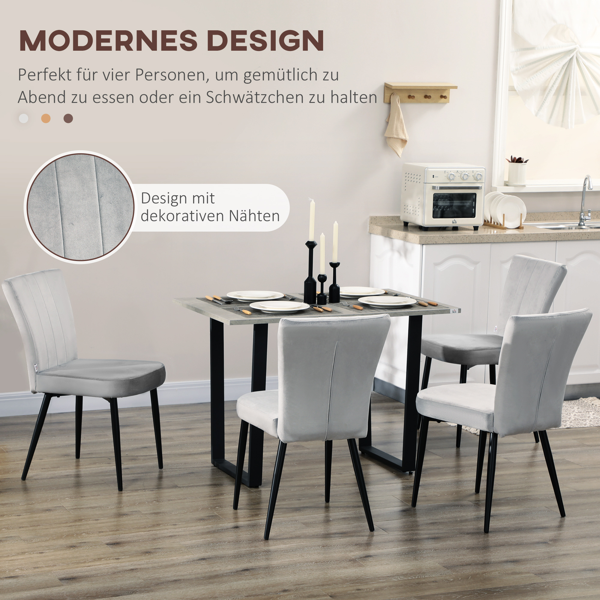 4er-Set Esszimmerstühle, Akzentstühle für Küchen und Esszimmer, Stuhlset, Velours-Optik, Hellgrau+ Schwarz