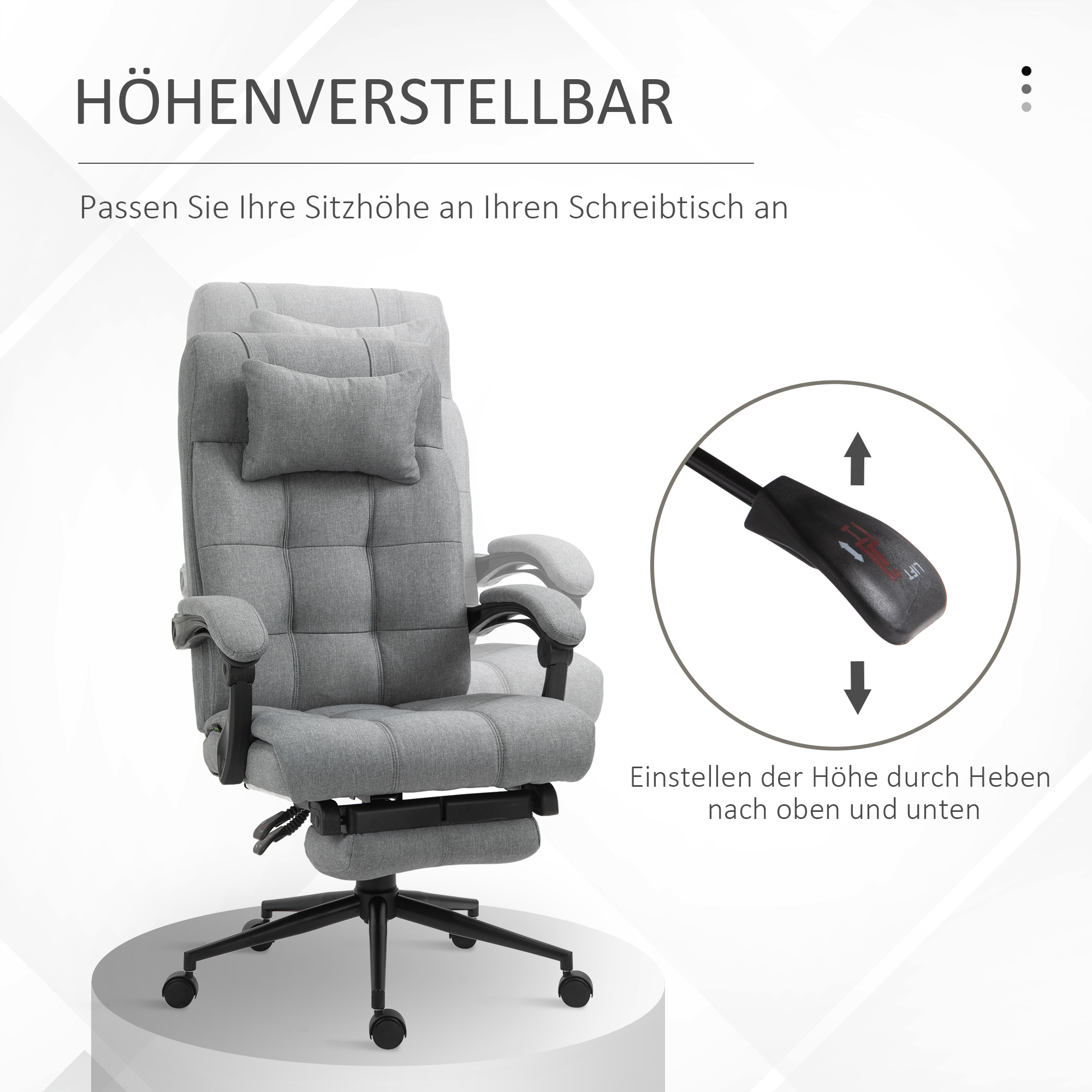 Bürostuhl mit Kopfkissen Armlehne Schreibtischstuhl mit Neigungswinkel Höhenverstellbarer Drehstuhl mit Fußstütze Leinen Schaumstoff PVC Hellgrau 66 x 76 x 112-120 cm