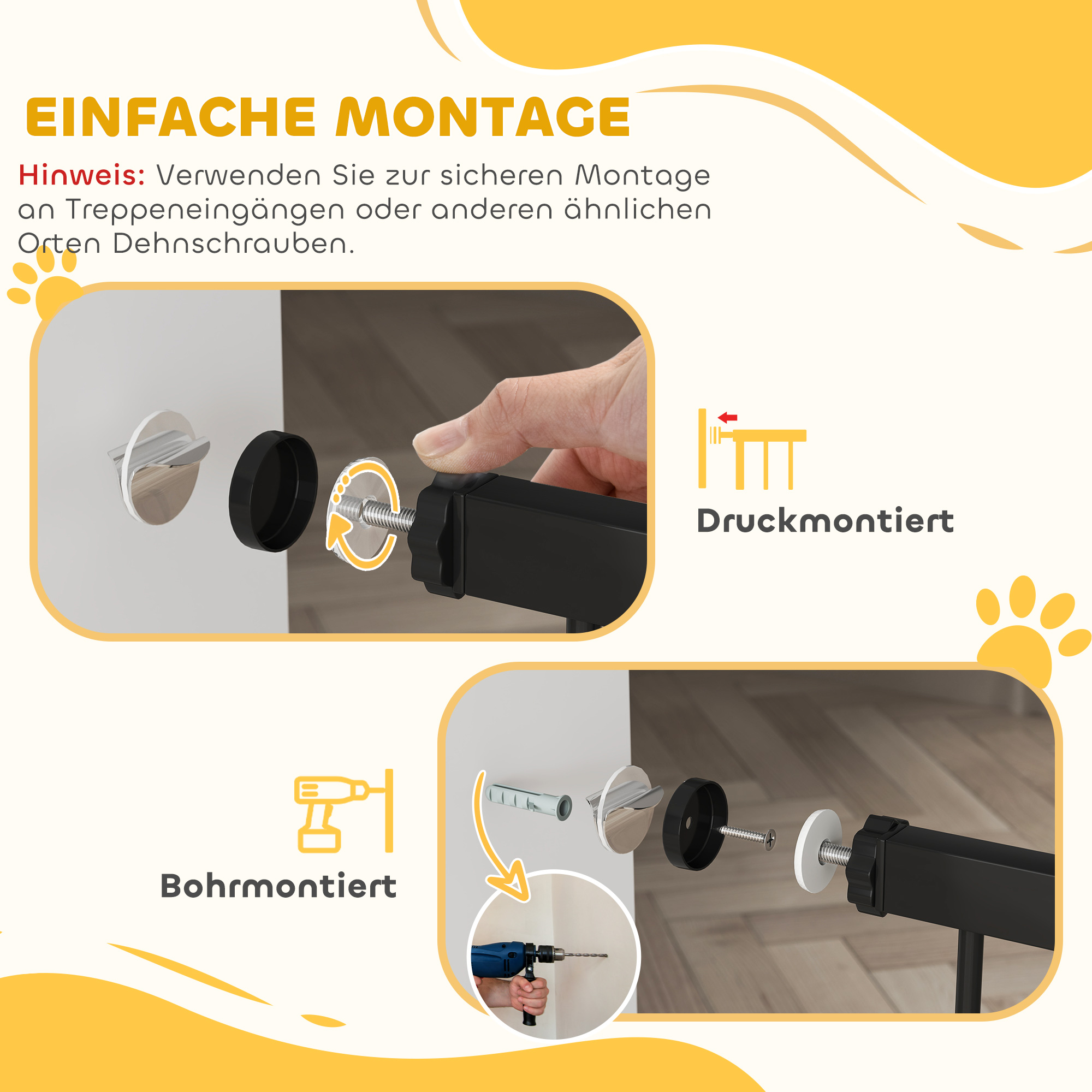 Haustiertor, 96 cm Treppengatter, verstellbare Breite 76-104 cm, mit Katzentür, für Treppen und Türöffnungen, Schwarz