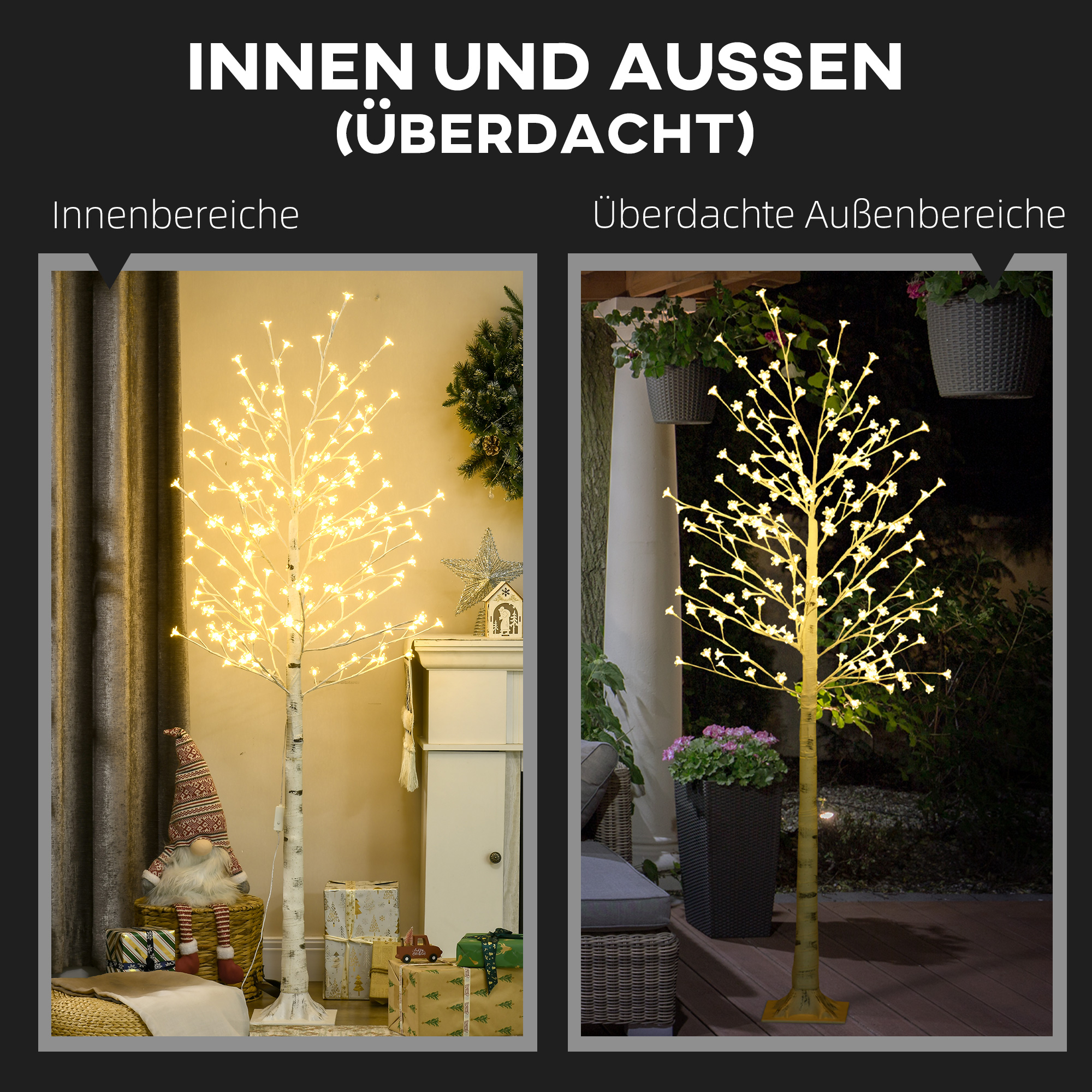 Kunstbaum, Kunstbirke, mit 180 LEDs, 3 Helligkeitsstufen, warmweiß, realistische Rinde, 21,5 x 21,5 x 180 cm