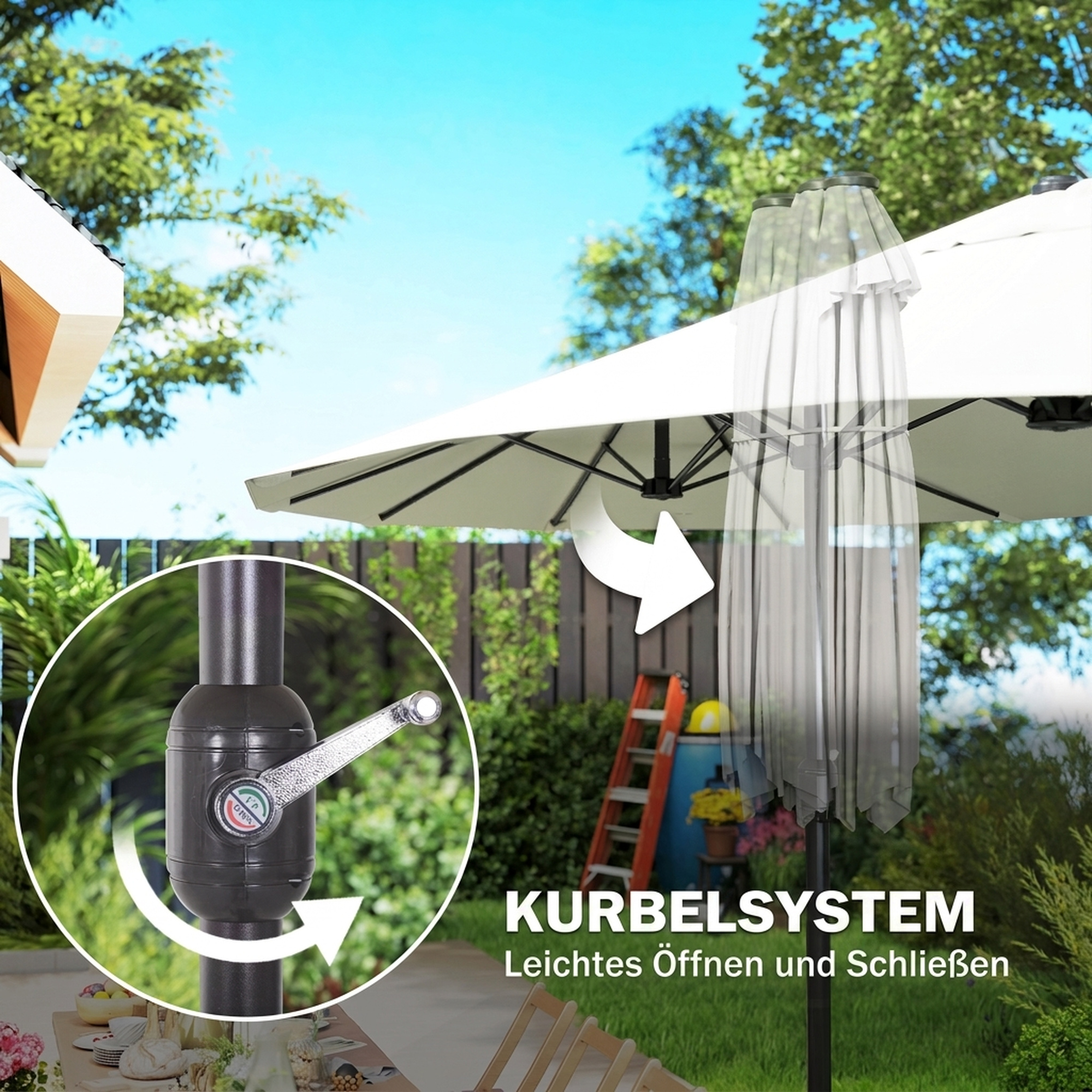 XXL Sonnenschirm mit Handkurbel wetterbeständig 455 cm x 270 cm x 240 cm Stahl Polyester Beige