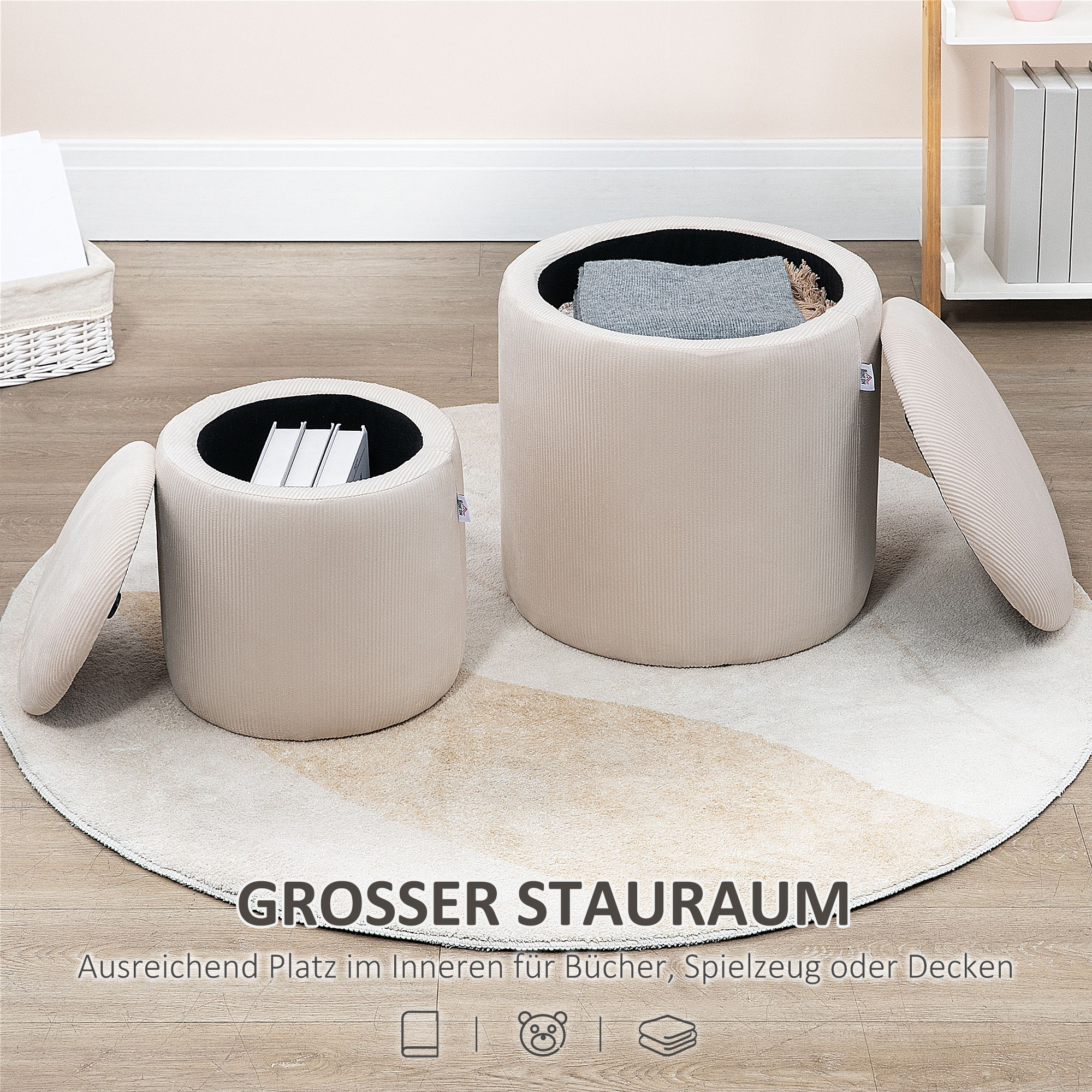 Hocker Ottomane, Zweier-Set, mit Stauraum, weiche Polsterung, Bezug in Cordoptik, Cremeweiß, 40 x 40 x 41cm