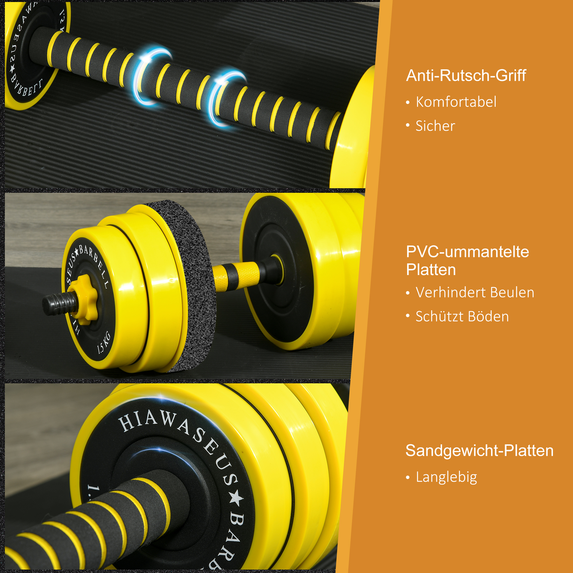 25 kg Hantel & Langhantel, einstellbare ergonomische 3-in-1 Hantelset,12 × Platten,2 × Kurze Stöcke,1 × Langer Stock,Gelb+Schwarz