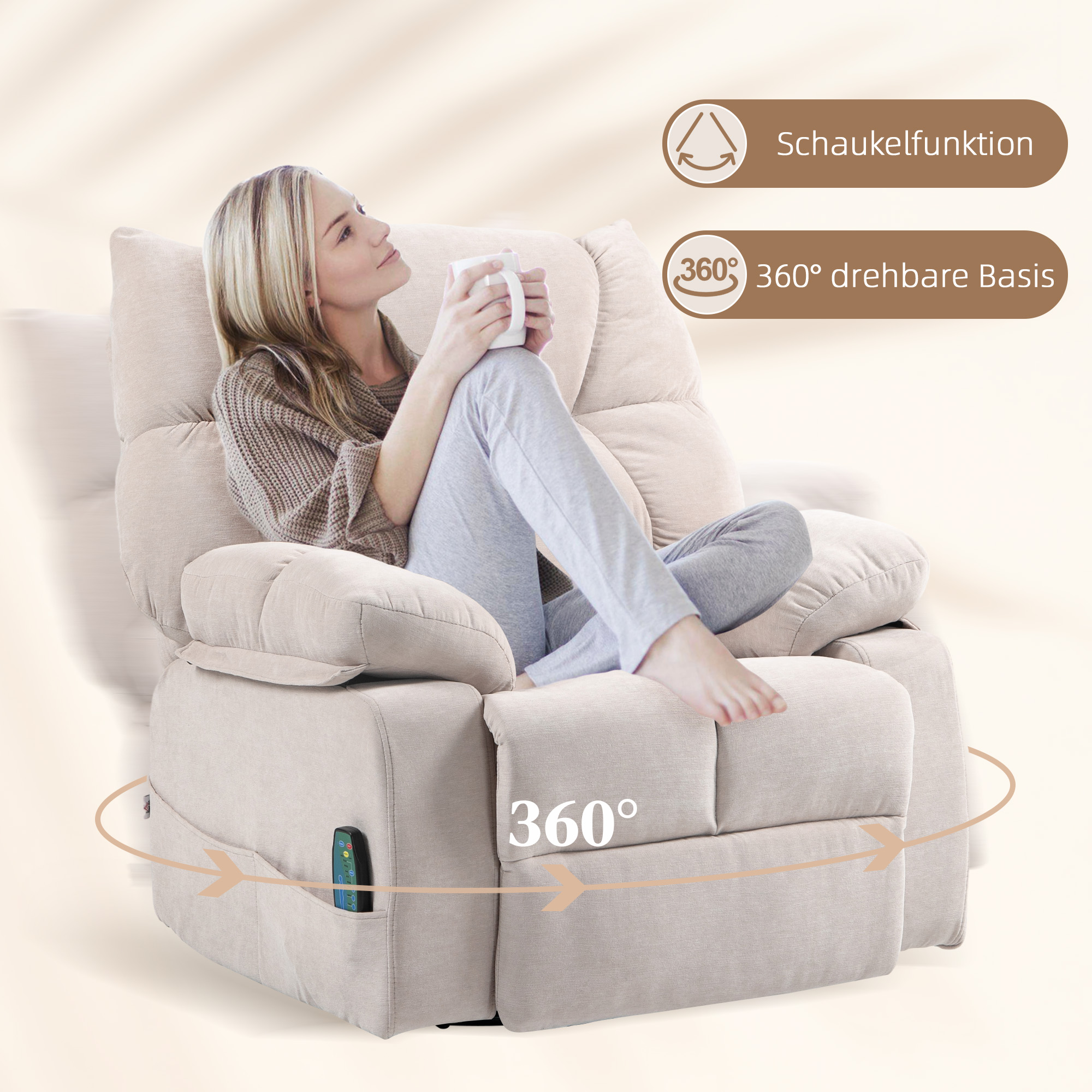 Massagesessel mit Wärme- & Liegefunktion, drehbar, bis 150 kg, Metallgestell, 98x90x98cm, Beige