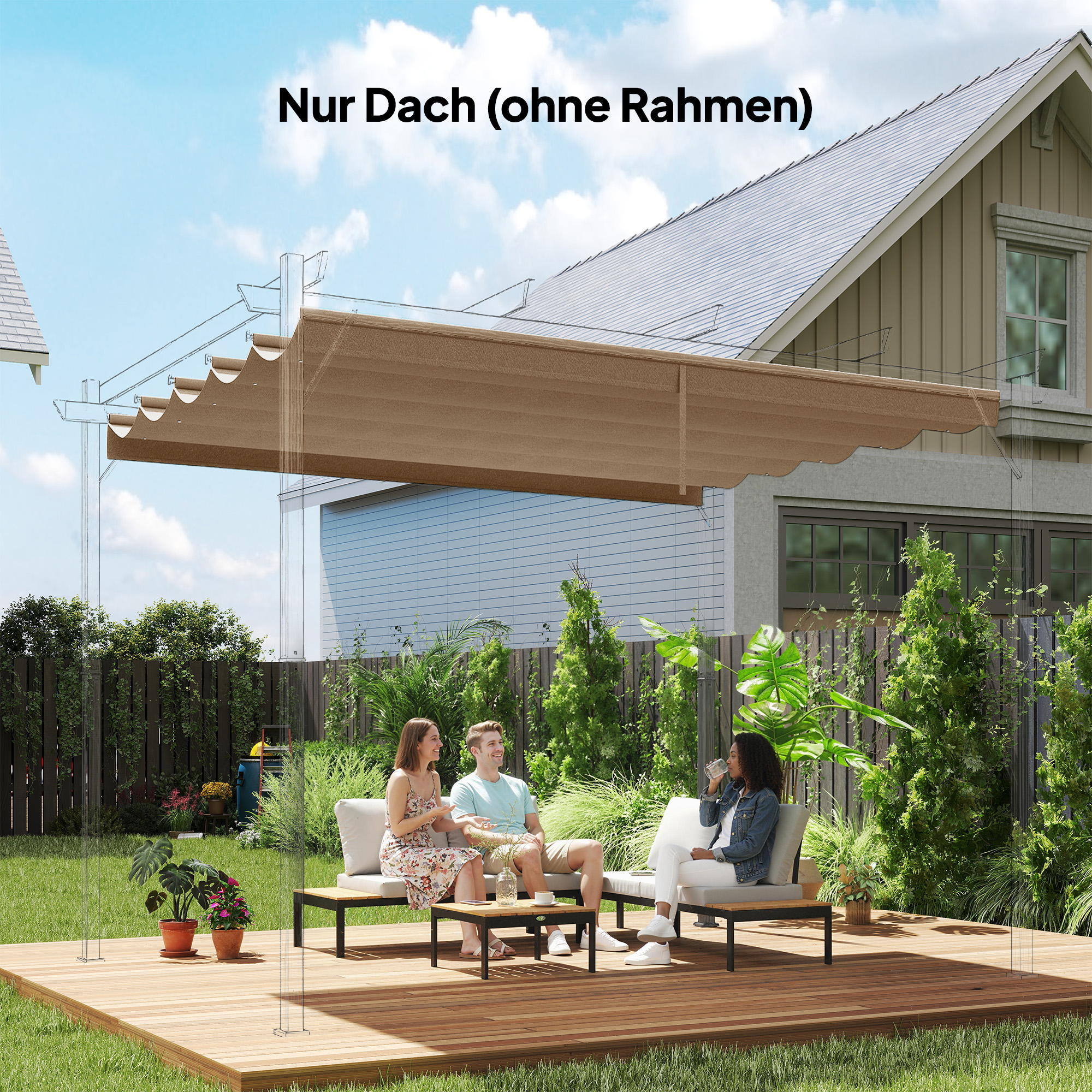 Ersatzdach für 3 x 3 m Pergola, einziehbar, mit Regenabflusslöchern, wetterfest, Polyester, Braun