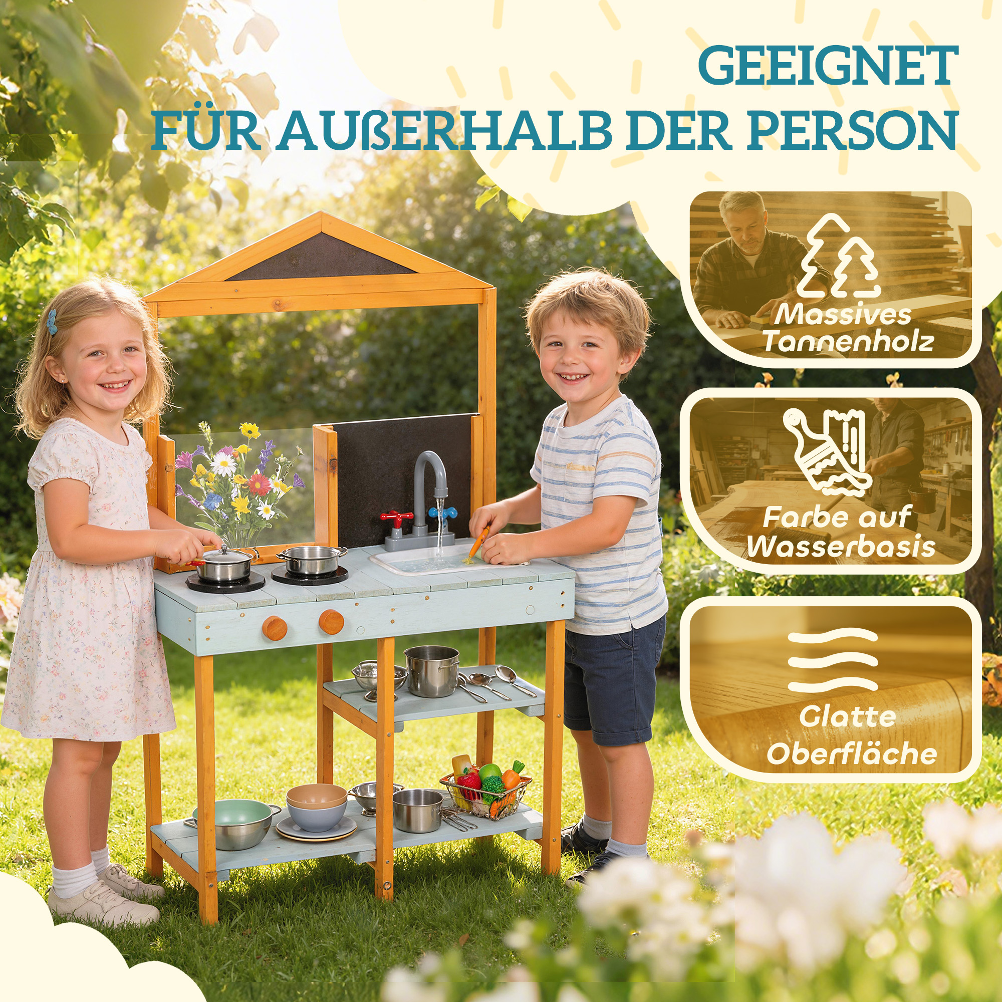 Matschküche Kinder Outdoor Spielküche Holz mit Herd Abnehmbarer Spüle Regalen für Kinder von 3-8 Jahren, Hellblau