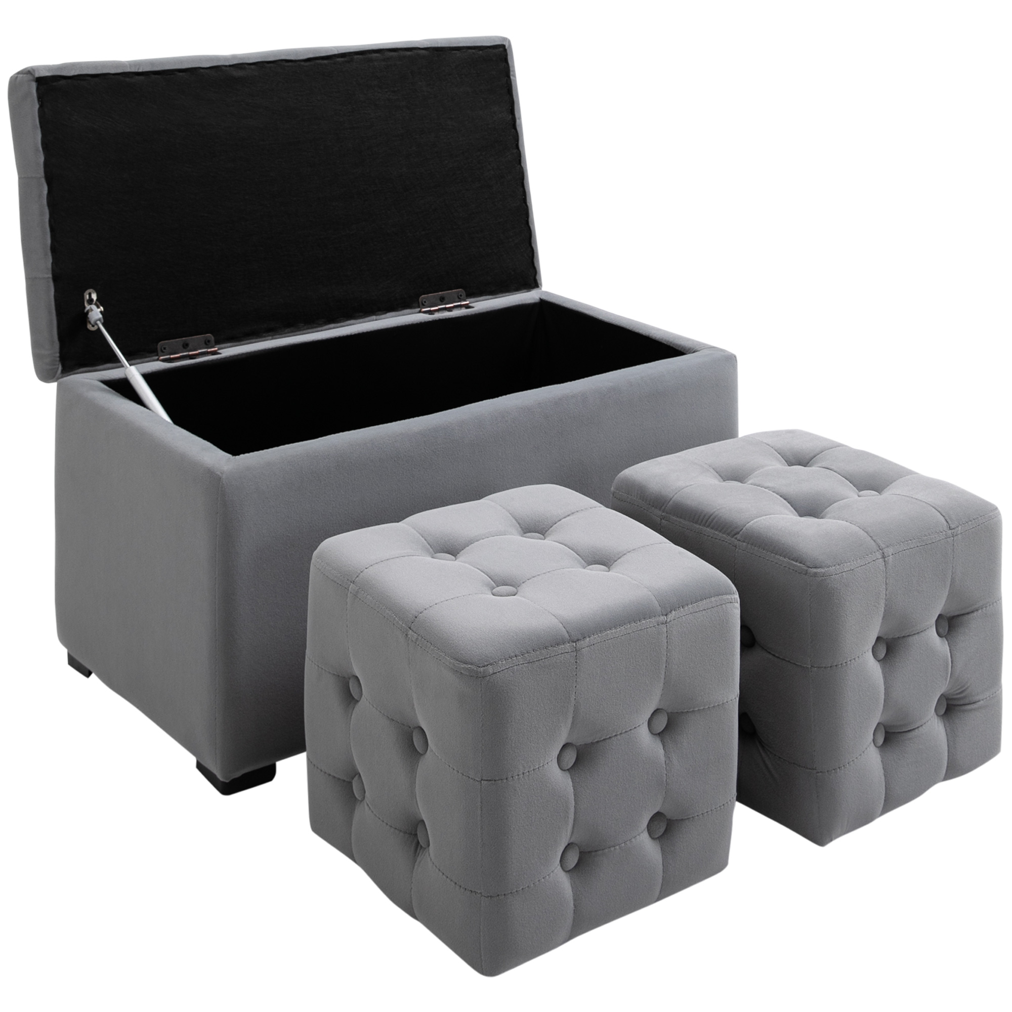 3-teiliges Set mit Stauraum, 2 x Sitzhocker, Polster-Sitztruhe, Fußhocker, Aufbewahrungsbox, Fußablage, belastbar bis 130 kg, Mikrofaserstoff, Schaumstoff, 75 x 40 x 42 cm, Hellgrau