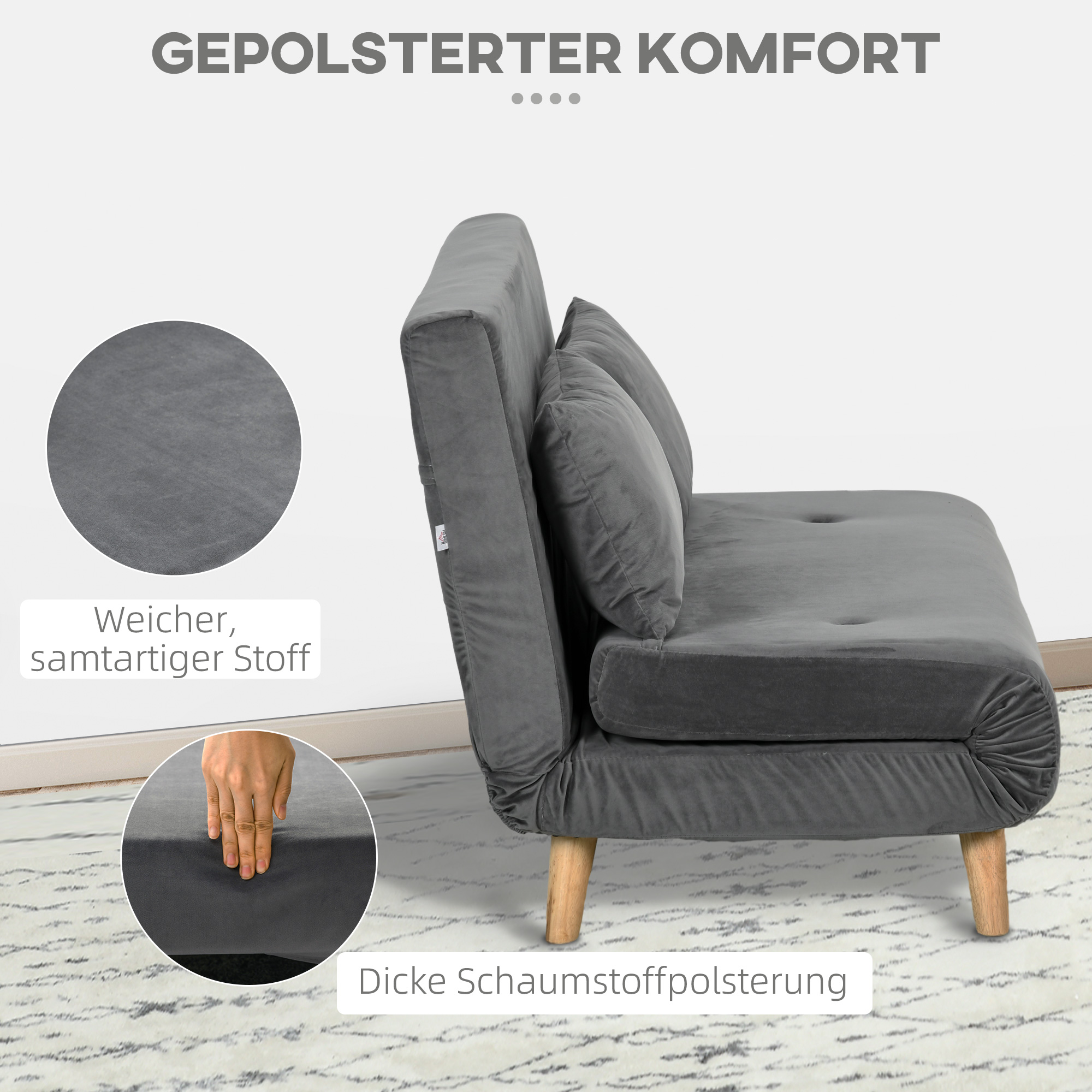 Schlafsofa Relaxsofa Sofa Couch, inkl. 2 Kissen, Samtoptik, 130 x 78 x 79 cm, Grau
