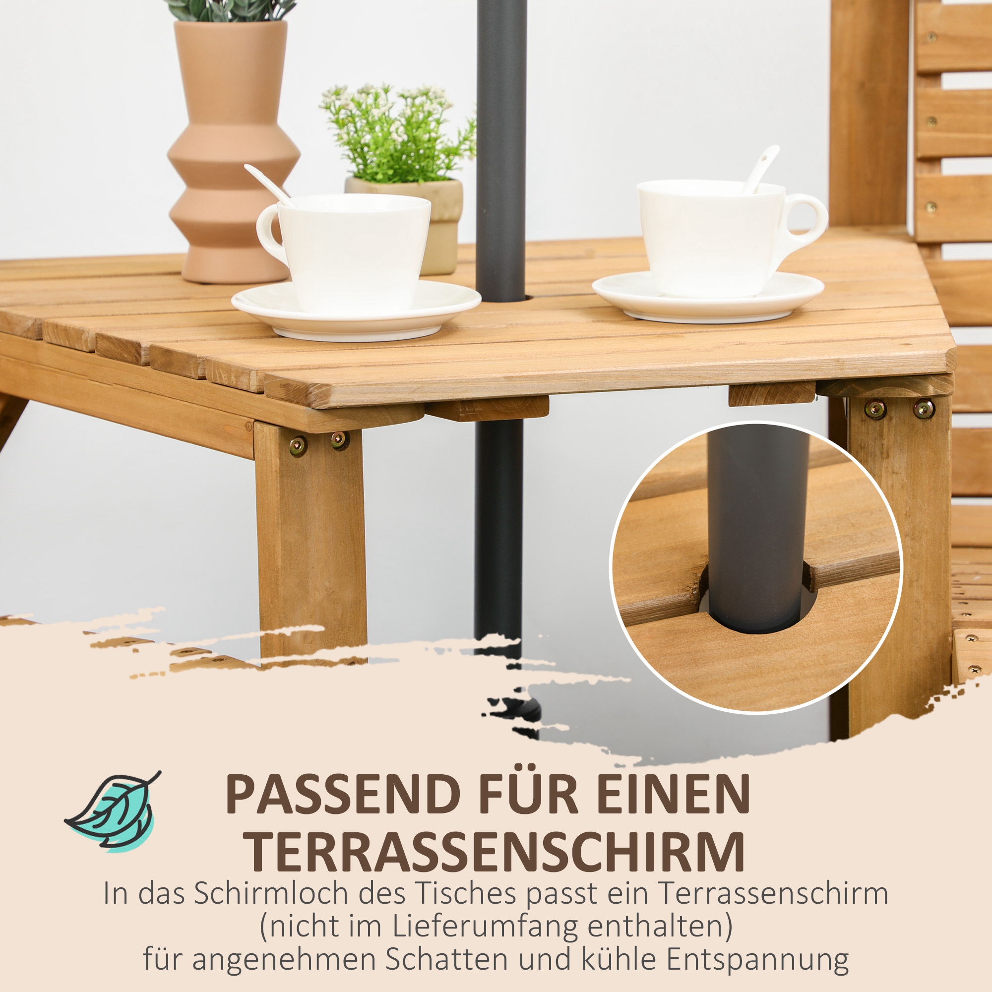 Bistro-Set 3-teilig aus Holz Wetterfest Gartenmöbel Set mit Lamellendesign Sonnenschirmloch Braun
