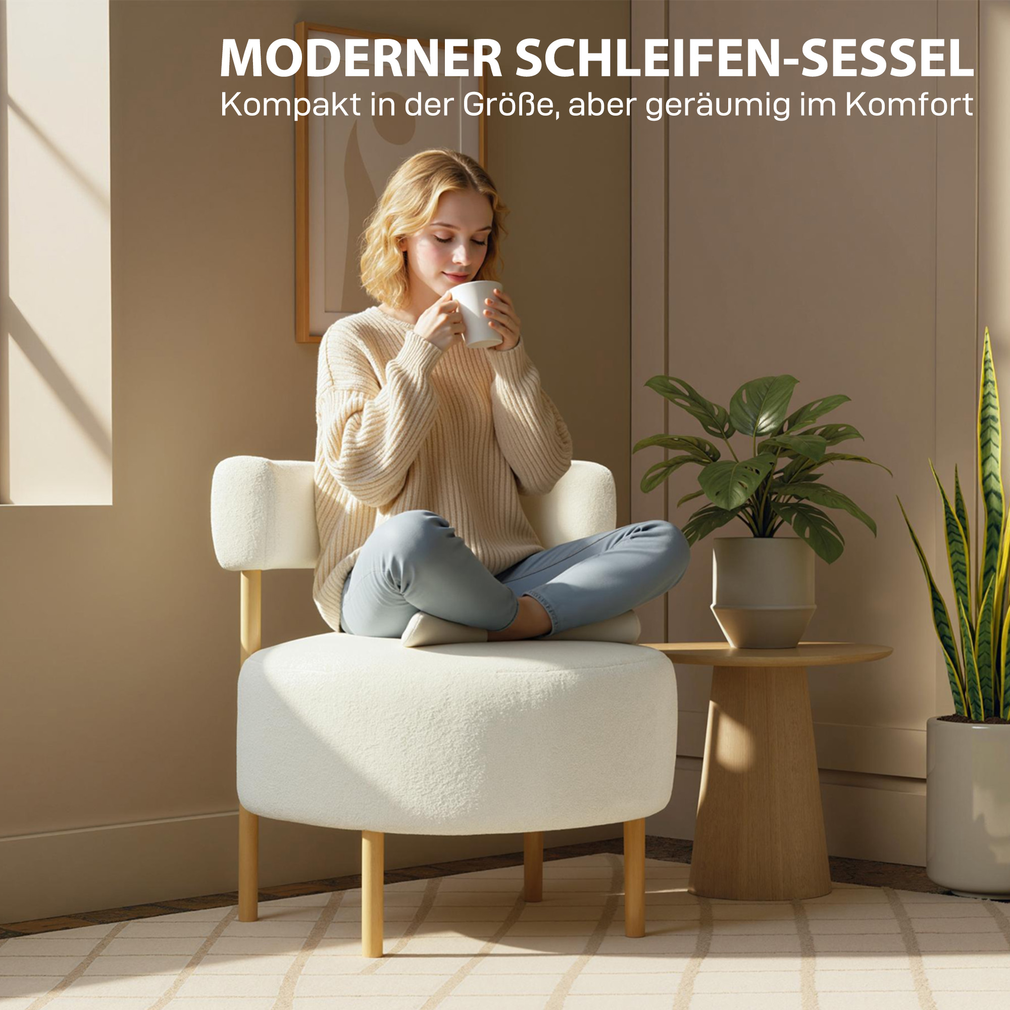 Sessel Loungesessel Relaxsessel mit Sherpa-Fleece, Metallbeinen in Holzoptik Polstersessel 67 x 67 x 71 cm Cremeweiß