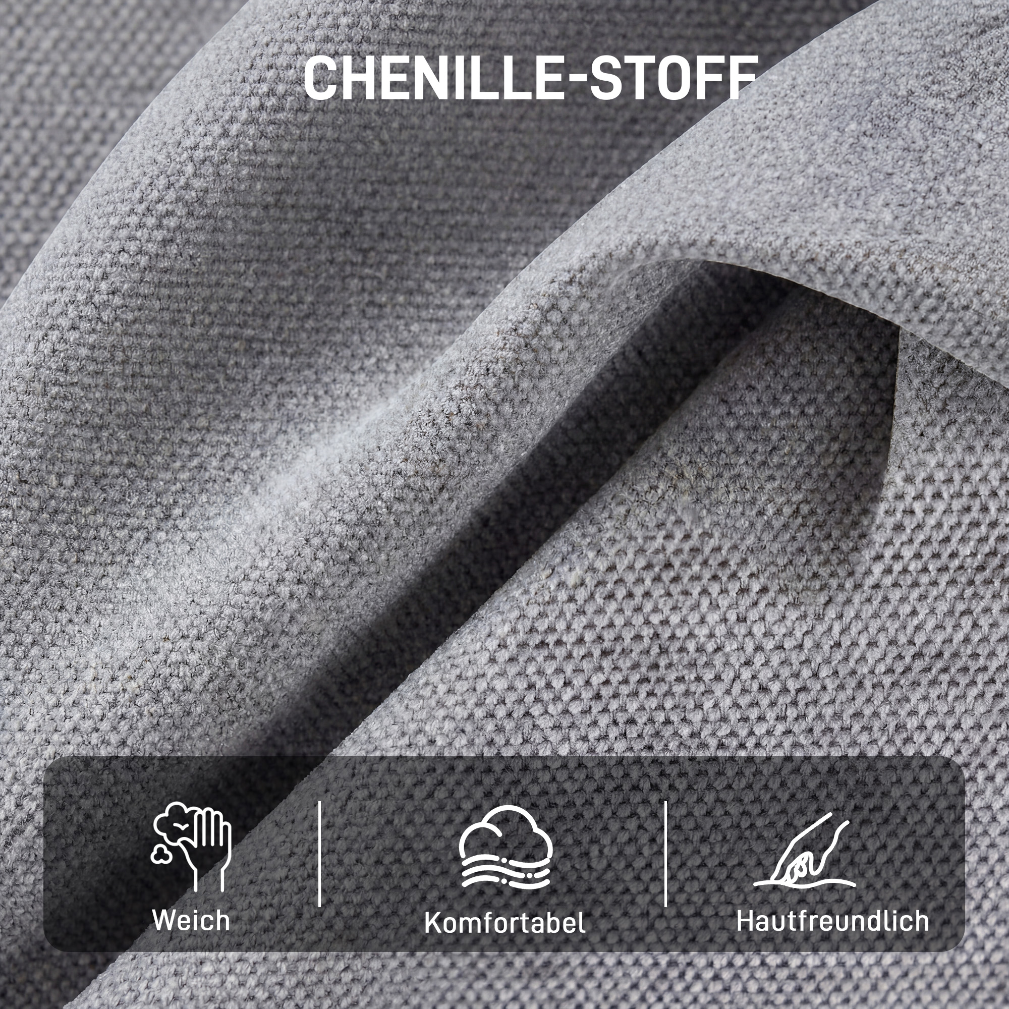 Drehbarer Akzentstuhl, gepolsterter Lesesessel mit Chenille, breitem Sitz, Federkissen und Metallbeinen, Hellgrau